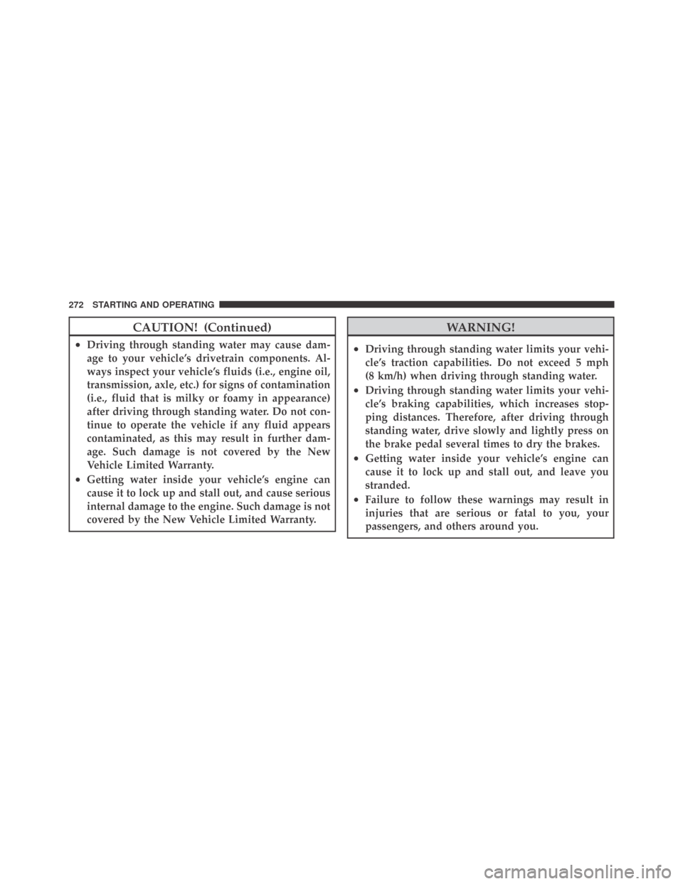 DODGE CHALLENGER 2009 3.G Service Manual CAUTION! (Continued)
•Driving through standing water may cause dam-
age to your vehicle’s drivetrain components. Al-
ways inspect your vehicle’s fluids (i.e., engine oil,
transmission, axle, etc