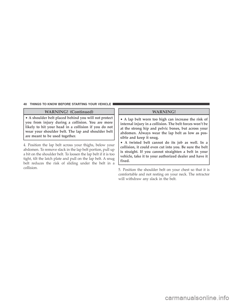 DODGE CHALLENGER 2009 3.G Service Manual WARNING! (Continued)
•A shoulder belt placed behind you will not protect
you from injury during a collision. You are more
likely to hit your head in a collision if you do not
wear your shoulder belt