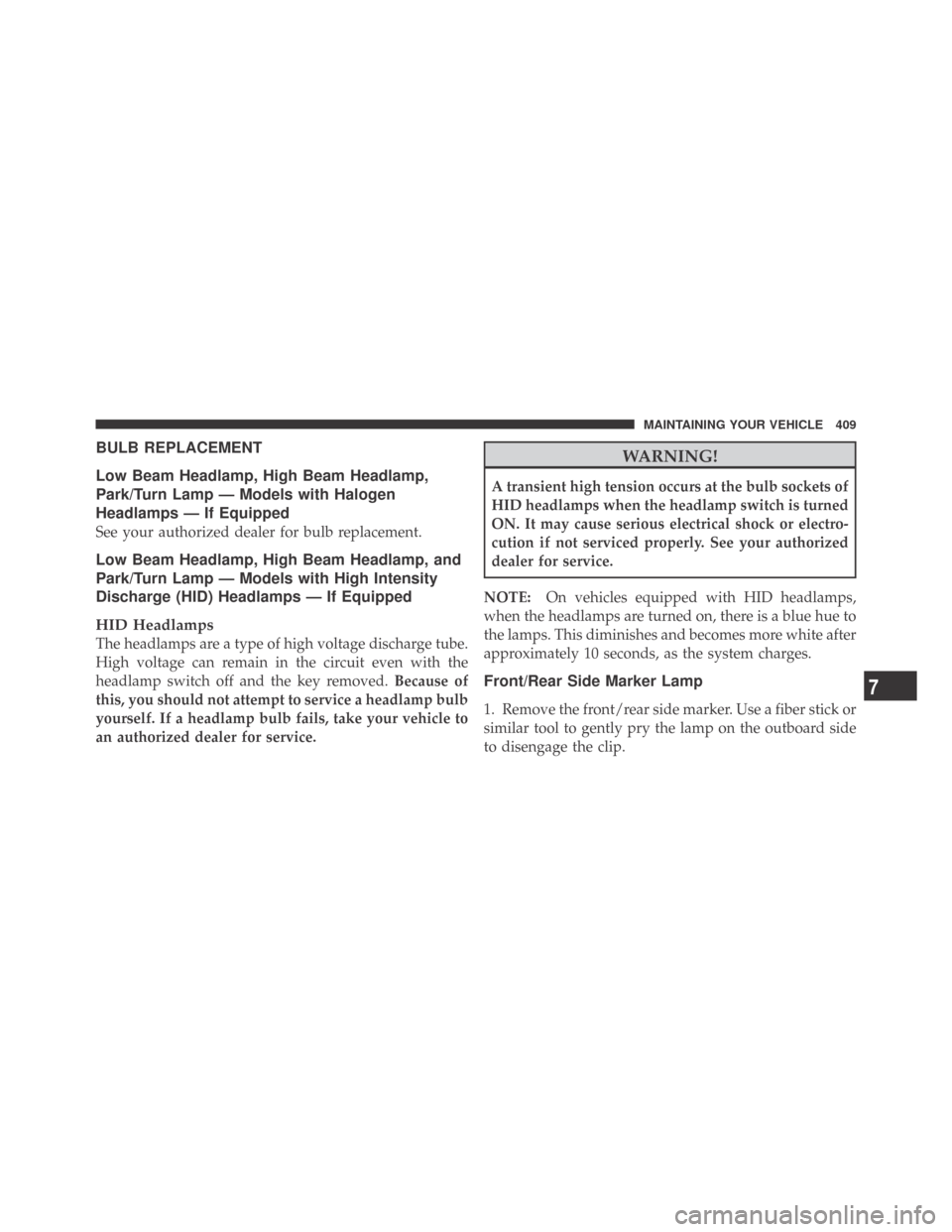 DODGE CHALLENGER 2009 3.G Repair Manual BULB REPLACEMENT
Low Beam Headlamp, High Beam Headlamp,
Park/Turn Lamp — Models with Halogen
Headlamps — If Equipped
See your authorized dealer for bulb replacement.
Low Beam Headlamp, High Beam H