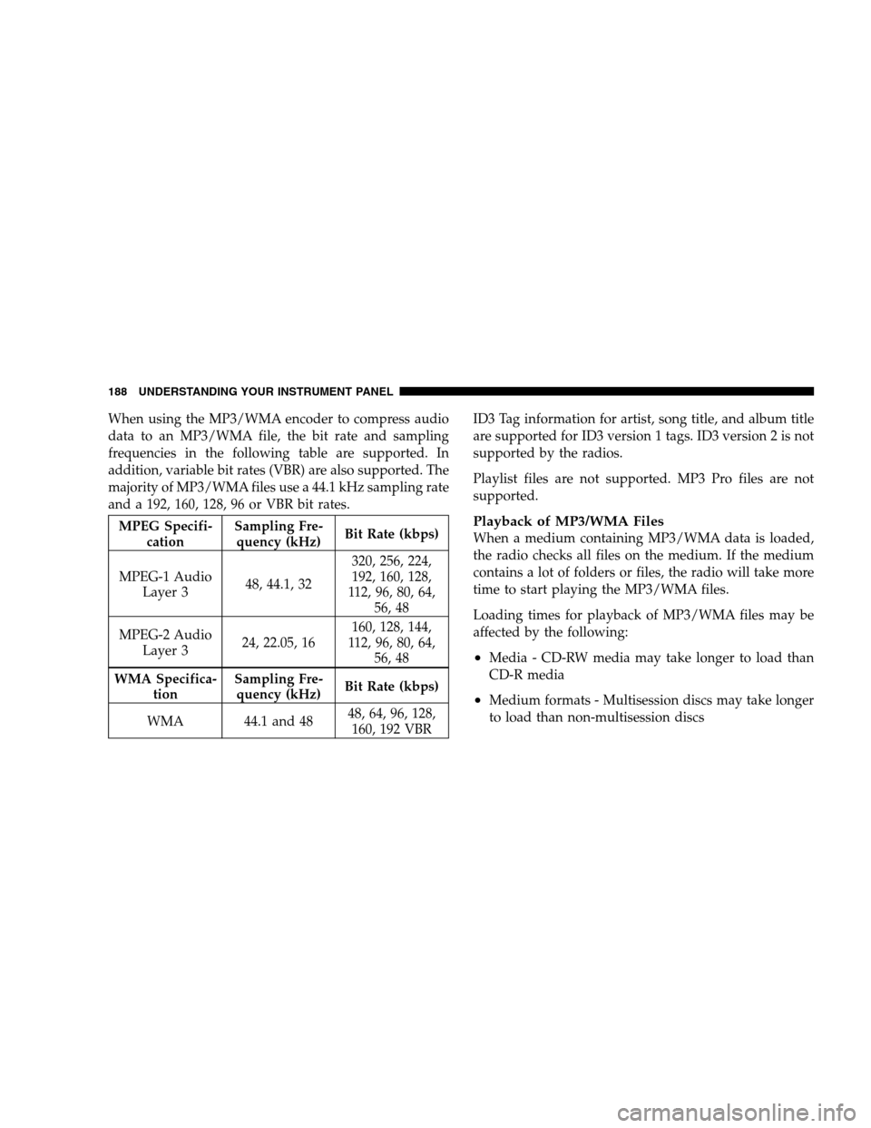 DODGE CHALLENGER SRT 2009 3.G Owners Manual When using the MP3/WMA encoder to compress audio
data to an MP3/WMA file, the bit rate and sampling
frequencies in the following table are supported. In
addition, variable bit rates (VBR) are also sup