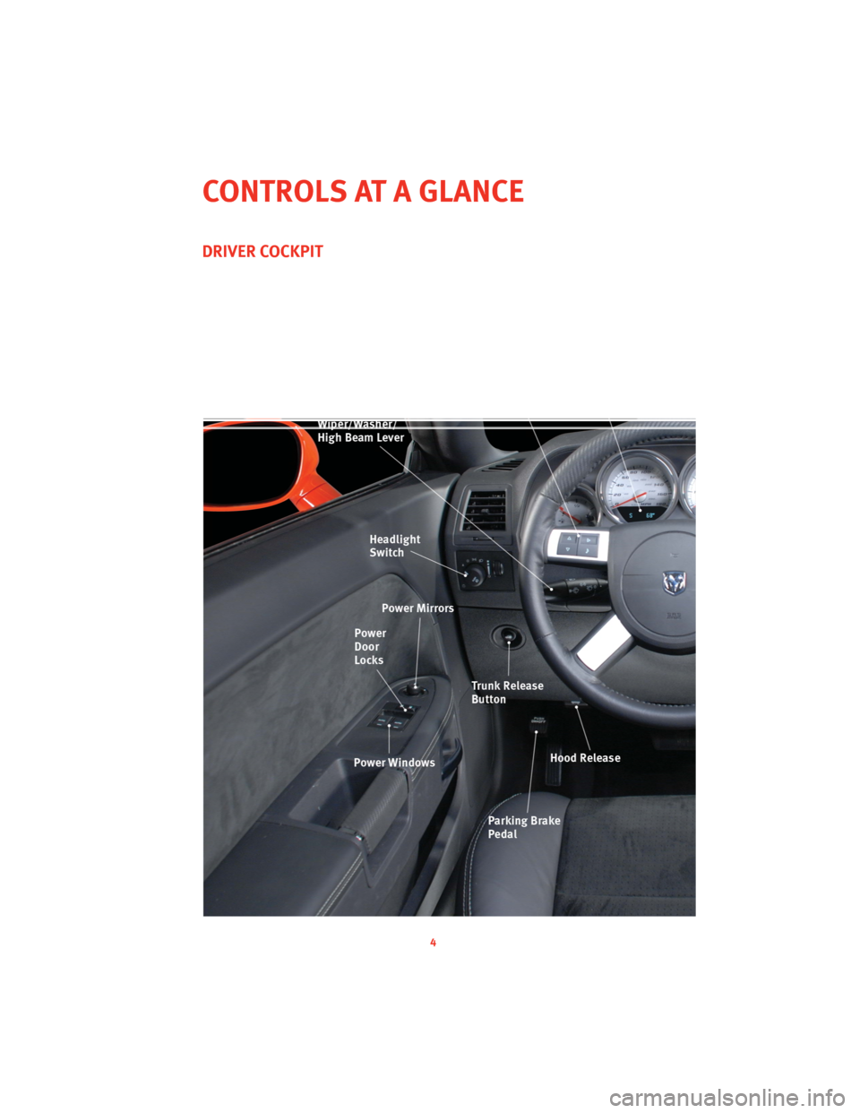 DODGE CHALLENGER 2010 3.G User Guide DRIVER COCKPIT
4
CONTROLS AT A GLANCE DODGE CHALLENGER 2010 3.G User Guide DRIVER COCKPIT
4
CONTROLS AT A GLANCE