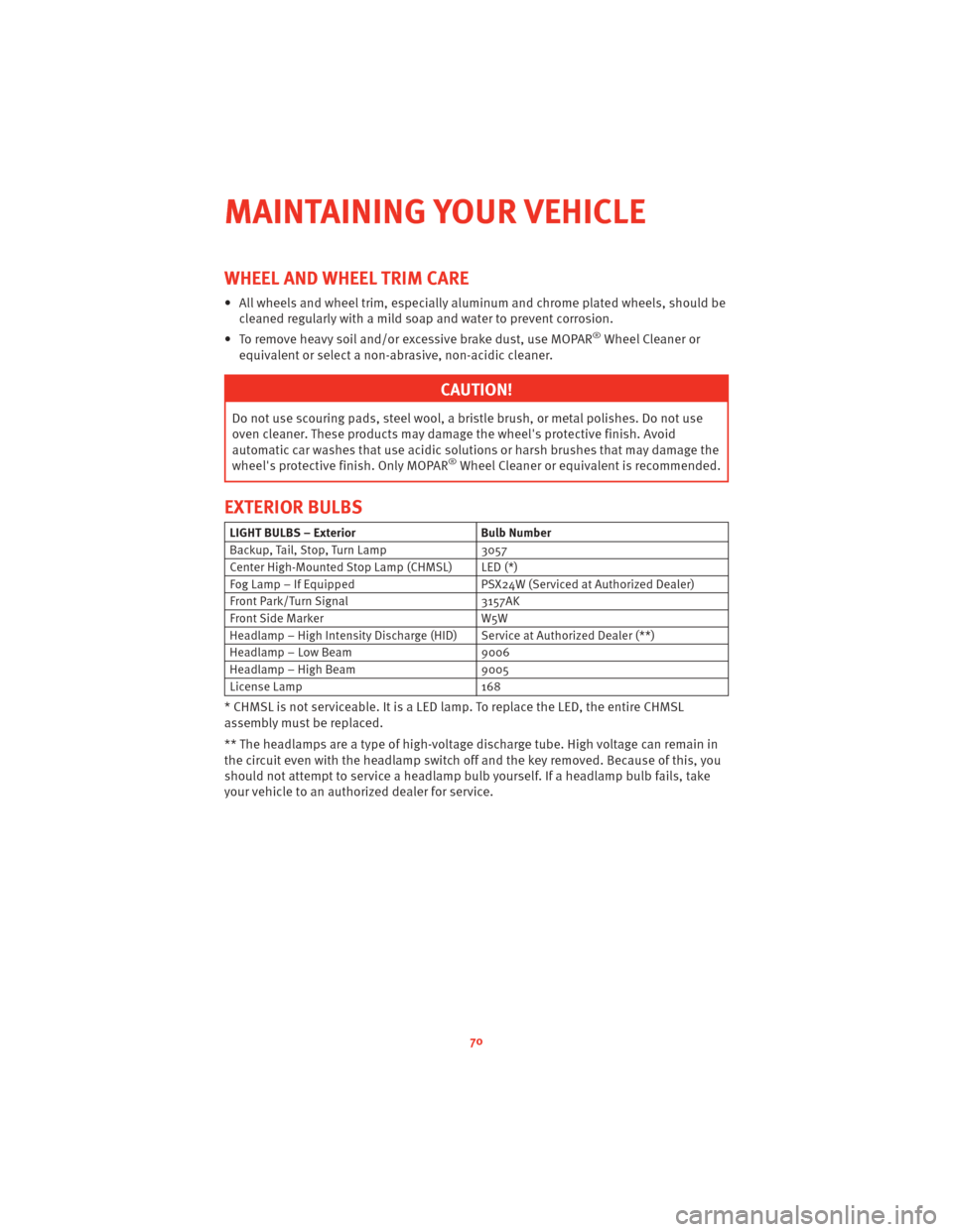 DODGE CHALLENGER 2010 3.G User Guide WHEEL AND WHEEL TRIM CARE
• All wheels and wheel trim, especially aluminum and chrome plated wheels, should becleaned regularly with a mild soap and water to prevent corrosion.
• To remove heavy s