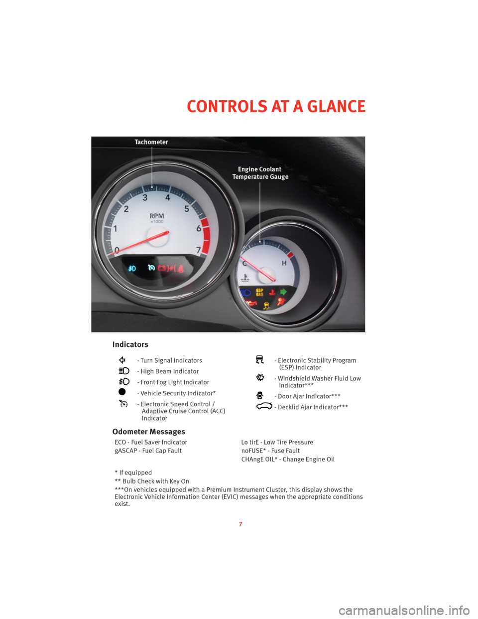 DODGE CHALLENGER 2010 3.G User Guide Indicators
- Turn Signal Indicators
- High Beam Indicator
- Front Fog Light Indicator
- Vehicle Security Indicator*
- Electronic Speed Control /Adaptive Cruise Control (ACC)
Indicator
- Electronic Sta DODGE CHALLENGER 2010 3.G User Guide Indicators
- Turn Signal Indicators
- High Beam Indicator
- Front Fog Light Indicator
- Vehicle Security Indicator*
- Electronic Speed Control /Adaptive Cruise Control (ACC)
Indicator
- Electronic Sta