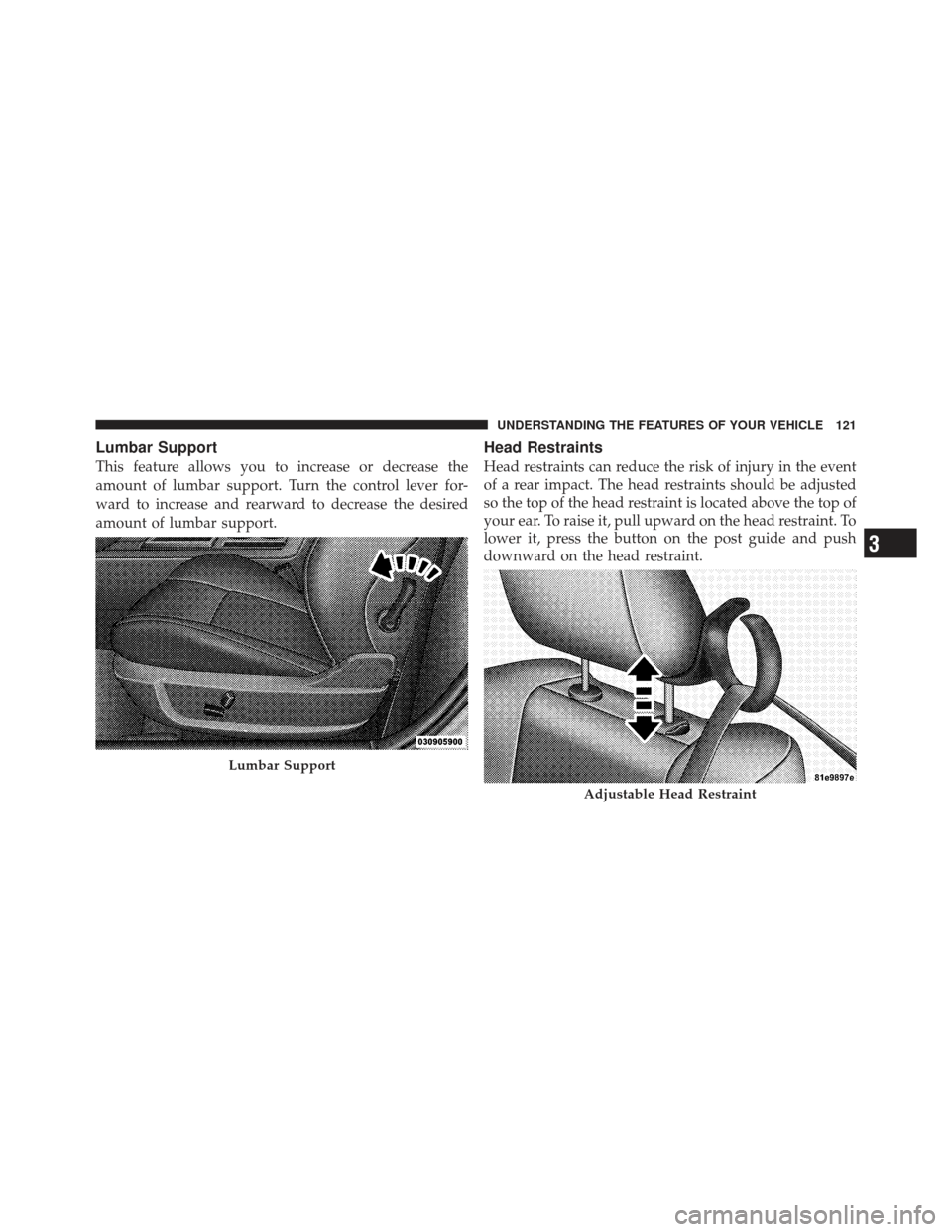 DODGE CHALLENGER 2010 3.G Owners Manual Lumbar Support
This feature allows you to increase or decrease the
amount of lumbar support. Turn the control lever for-
ward to increase and rearward to decrease the desired
amount of lumbar support.