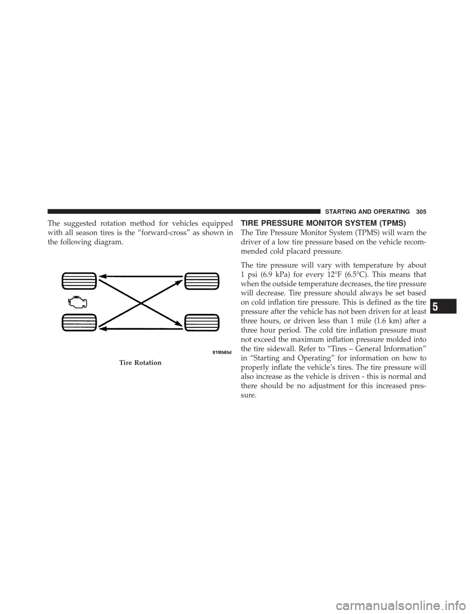 DODGE CHALLENGER 2010 3.G Owners Manual The suggested rotation method for vehicles equipped
with all season tires is the “forward-cross” as shown in
the following diagram.TIRE PRESSURE MONITOR SYSTEM (TPMS)
The Tire Pressure Monitor Sys