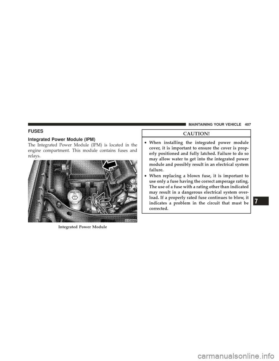 DODGE CHALLENGER 2010 3.G Owners Manual FUSES
Integrated Power Module (IPM)
The Integrated Power Module (IPM) is located in the
engine compartment. This module contains fuses and
relays.
CAUTION!
•When installing the integrated power modu