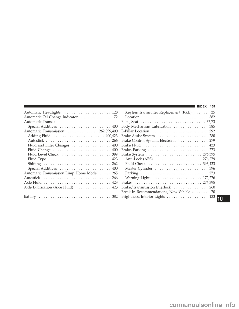 DODGE CHALLENGER 2010 3.G Owners Manual Automatic Headlights.................... 128
Automatic Oil Change Indicator ............. 172
Automatic Transaxle Special Additives ...................... 400
Automatic Transmission .............262,3