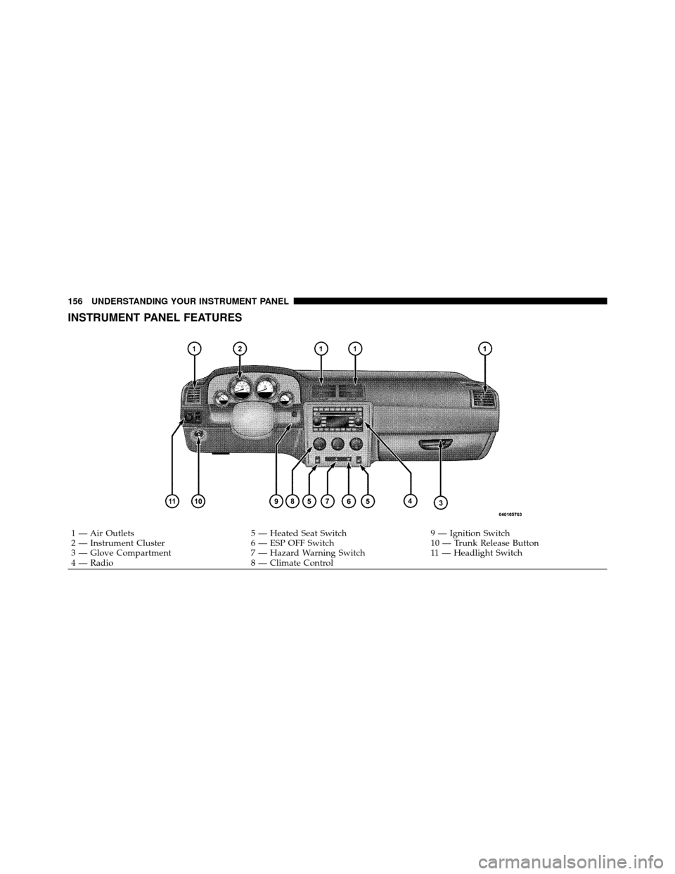 DODGE CHALLENGER SRT 2010 3.G Owners Manual INSTRUMENT PANEL FEATURES
1 — Air Outlets5 — Heated Seat Switch9 — Ignition Switch
2 — Instrument Cluster 6 — ESP OFF Switch10 — Trunk Release Button
3 — Glove Compartment 7 — Hazard W