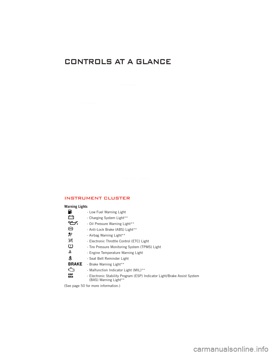DODGE CHALLENGER 2011 3.G User Guide INSTRUMENT CLUSTER
Warning Lights
- Low Fuel Warning Light
- Charging System Light**
- Oil Pressure Warning Light**
- Anti-Lock Brake (ABS) Light**
- Airbag Warning Light**
- Electronic Throttle Contr
