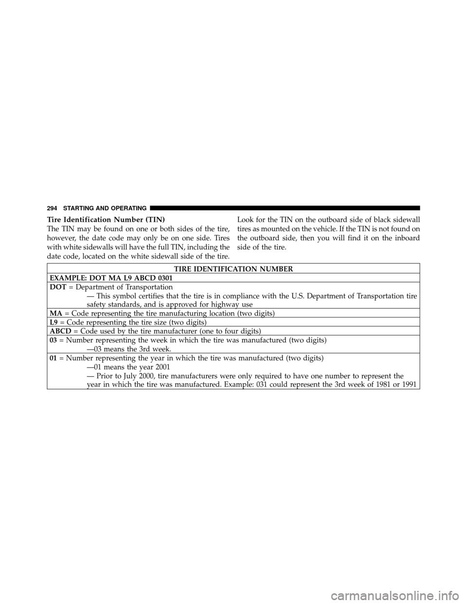 DODGE CHALLENGER 2011 3.G Owners Manual Tire Identification Number (TIN)
The TIN may be found on one or both sides of the tire,
however, the date code may only be on one side. Tires
with white sidewalls will have the full TIN, including the