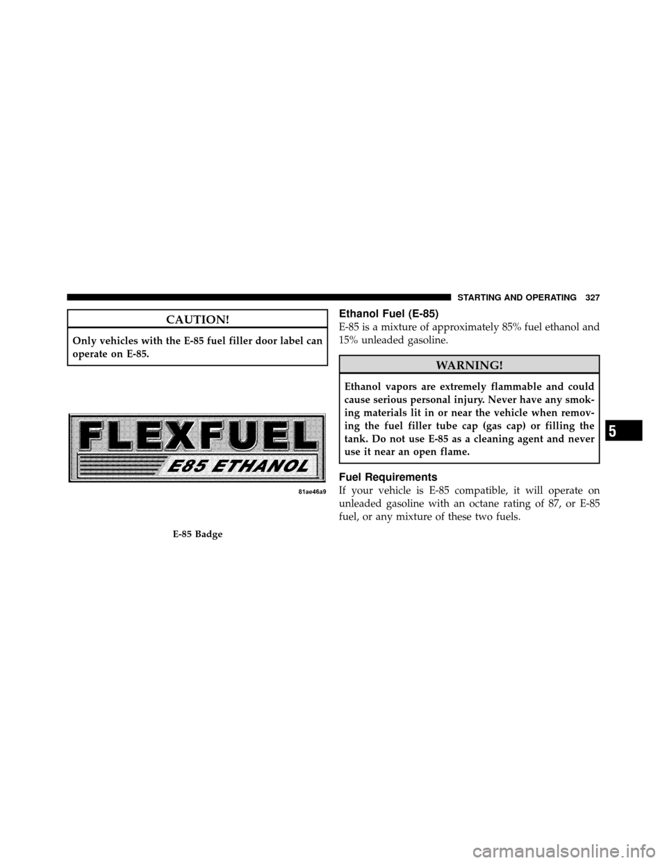 DODGE CHALLENGER 2011 3.G Owners Manual CAUTION!
Only vehicles with the E-85 fuel filler door label can
operate on E-85.
Ethanol Fuel (E-85)
E-85 is a mixture of approximately 85% fuel ethanol and
15% unleaded gasoline.
WARNING!
Ethanol vap