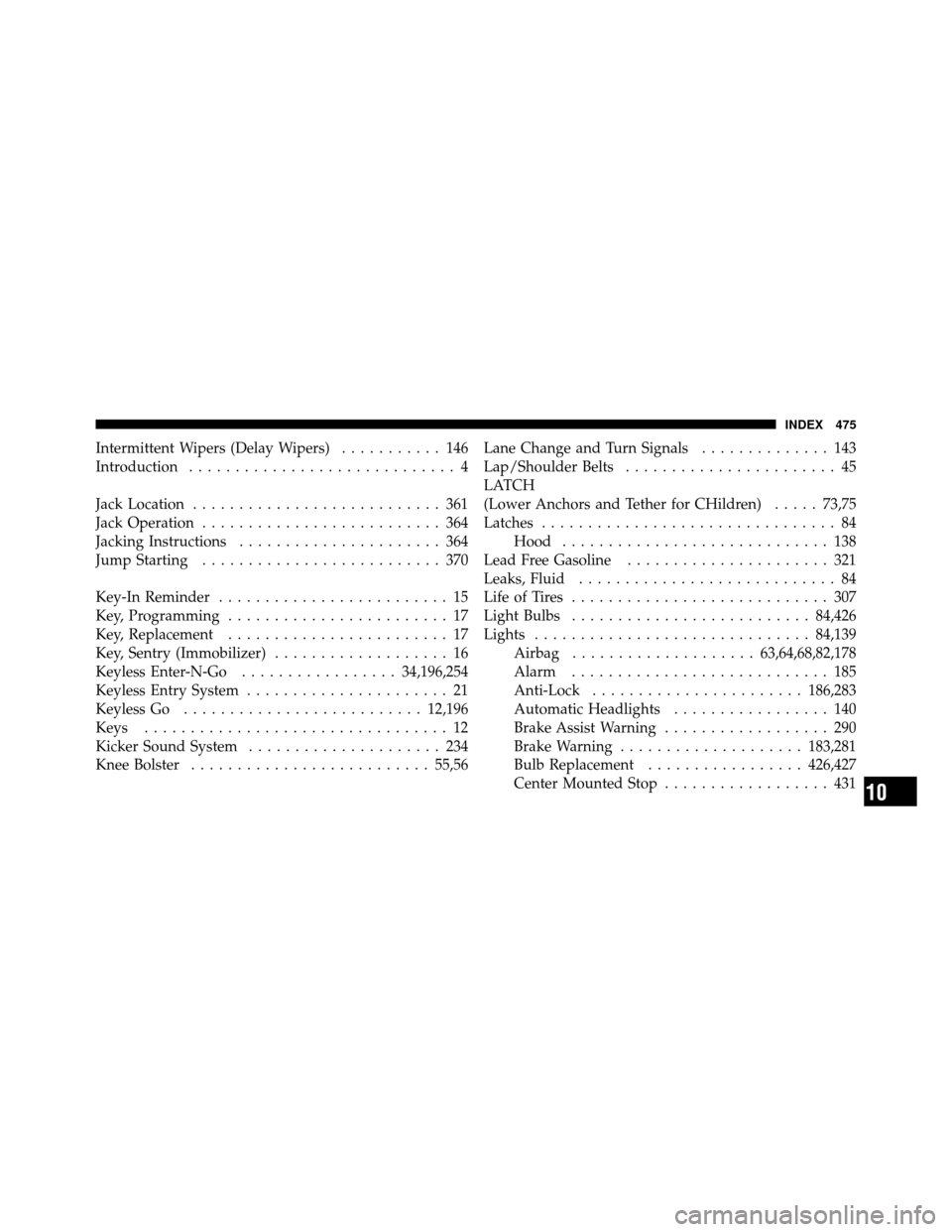 DODGE CHALLENGER 2011 3.G Owners Manual Intermittent Wipers (Delay Wipers)........... 146
Introduction ............................. 4
Jack Location ........................... 361
Jack Operation .......................... 364
Jacking Instr