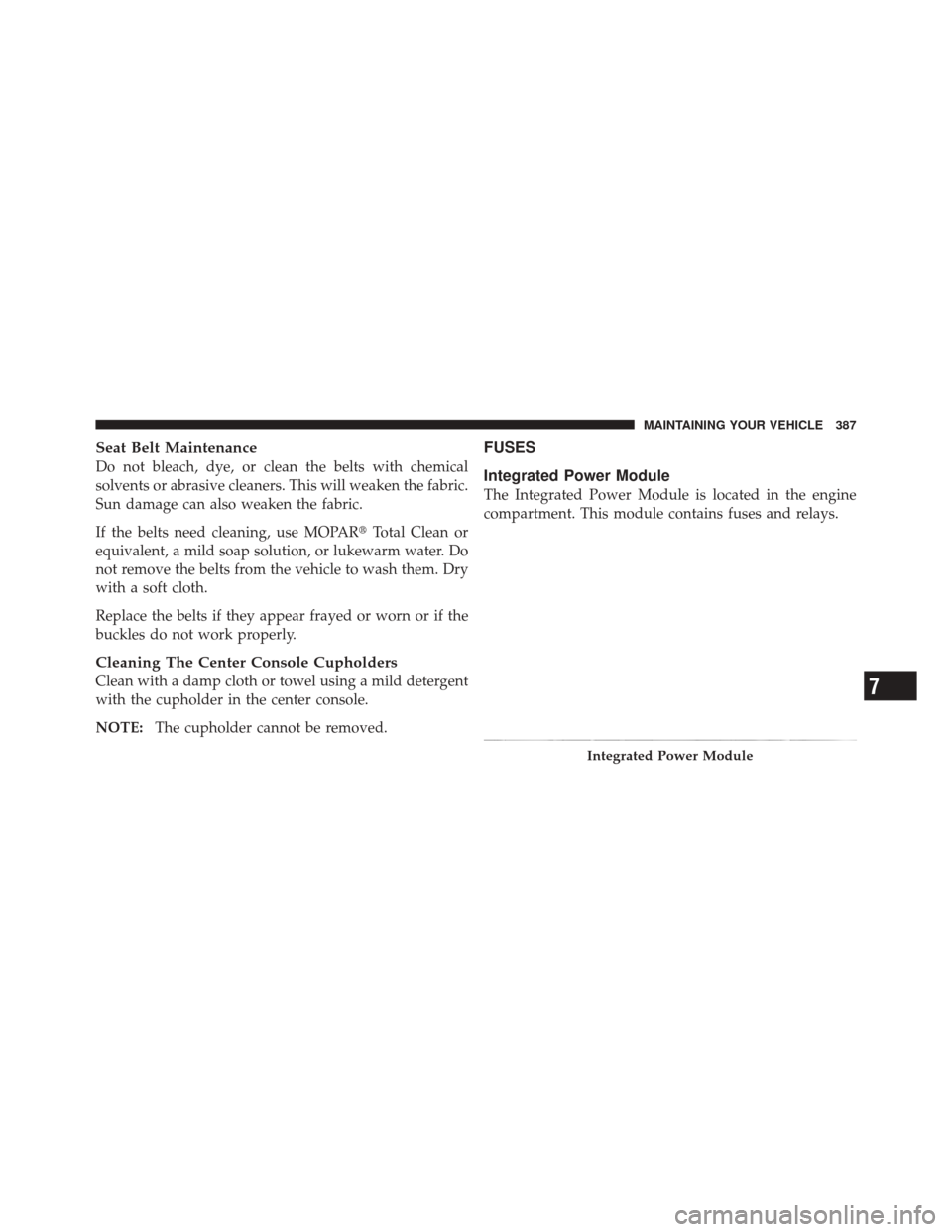 DODGE CHALLENGER SRT 2011 3.G Owners Manual Seat Belt Maintenance
Do not bleach, dye, or clean the belts with chemical
solvents or abrasive cleaners. This will weaken the fabric.
Sun damage can also weaken the fabric.
If the belts need cleaning