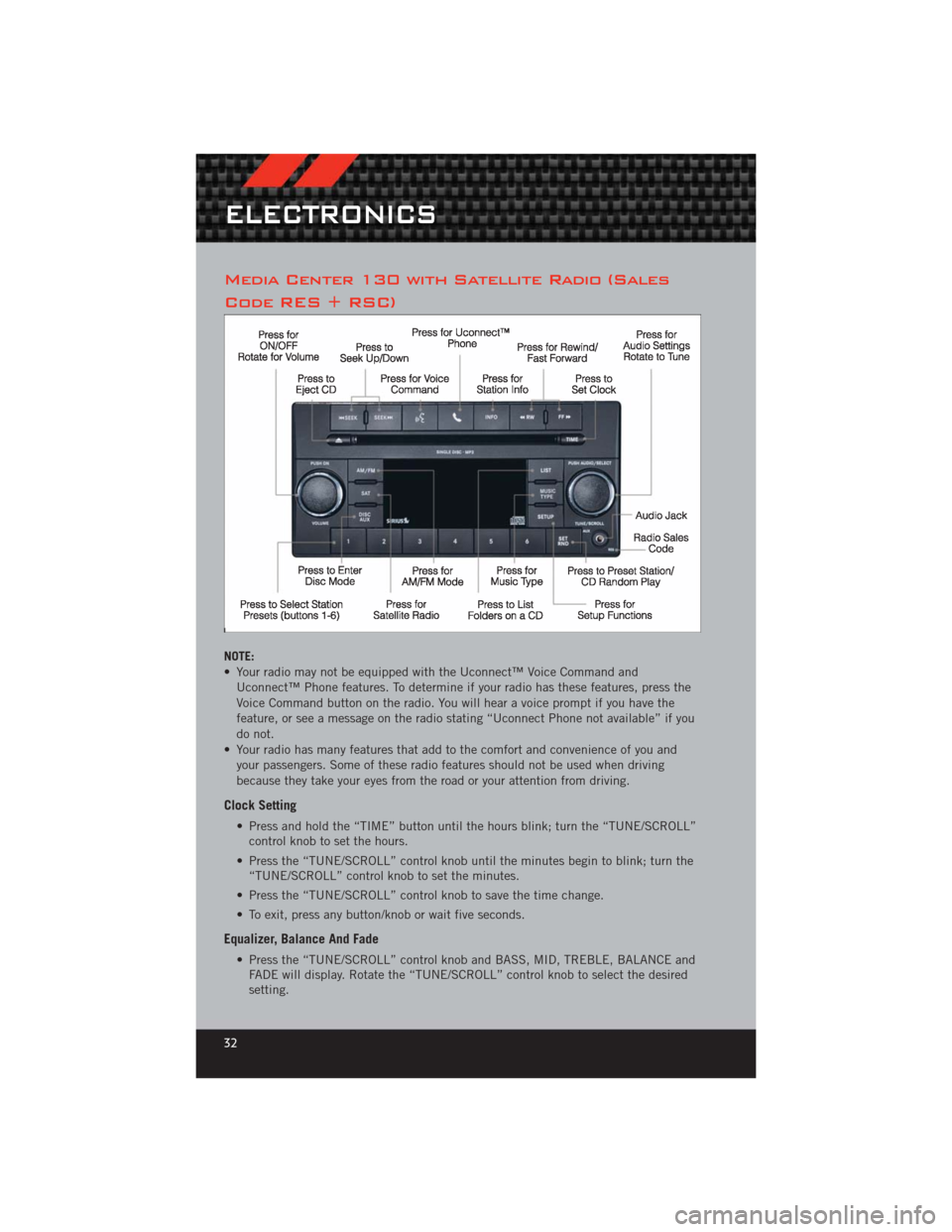DODGE CHALLENGER 2012 3.G User Guide Media Center 130 with Satellite Radio (Sales
Code RES + RSC)
NOTE:
• Your radio may not be equipped with the Uconnect™ Voice Command andUconnect™ Phone features. To determine if your radio has t DODGE CHALLENGER 2012 3.G User Guide Media Center 130 with Satellite Radio (Sales
Code RES + RSC)
NOTE:
• Your radio may not be equipped with the Uconnect™ Voice Command andUconnect™ Phone features. To determine if your radio has t