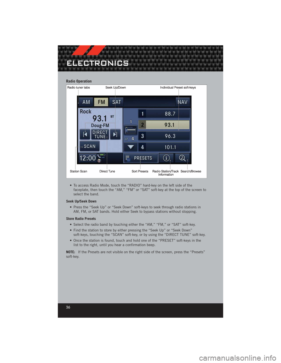 DODGE CHALLENGER 2012 3.G User Guide Radio Operation
• To access Radio Mode, touch the “RADIO” hard-key on the left side of thefaceplate, then touch the “AM,” “FM” or “SAT” soft-key at the top of the screen to
select th DODGE CHALLENGER 2012 3.G User Guide Radio Operation
• To access Radio Mode, touch the “RADIO” hard-key on the left side of thefaceplate, then touch the “AM,” “FM” or “SAT” soft-key at the top of the screen to
select th