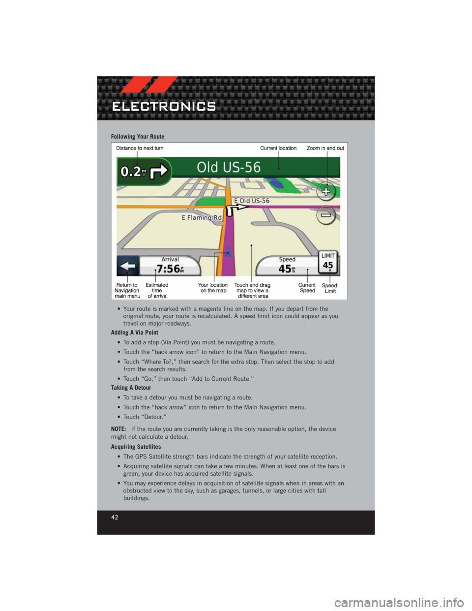 DODGE CHALLENGER 2012 3.G User Guide Following Your Route• Your route is marked with a magenta line on the map. If you depart from theoriginal route, your route is recalculated. A speed limit icon could appear as you
travel on major ro DODGE CHALLENGER 2012 3.G User Guide Following Your Route• Your route is marked with a magenta line on the map. If you depart from theoriginal route, your route is recalculated. A speed limit icon could appear as you
travel on major ro