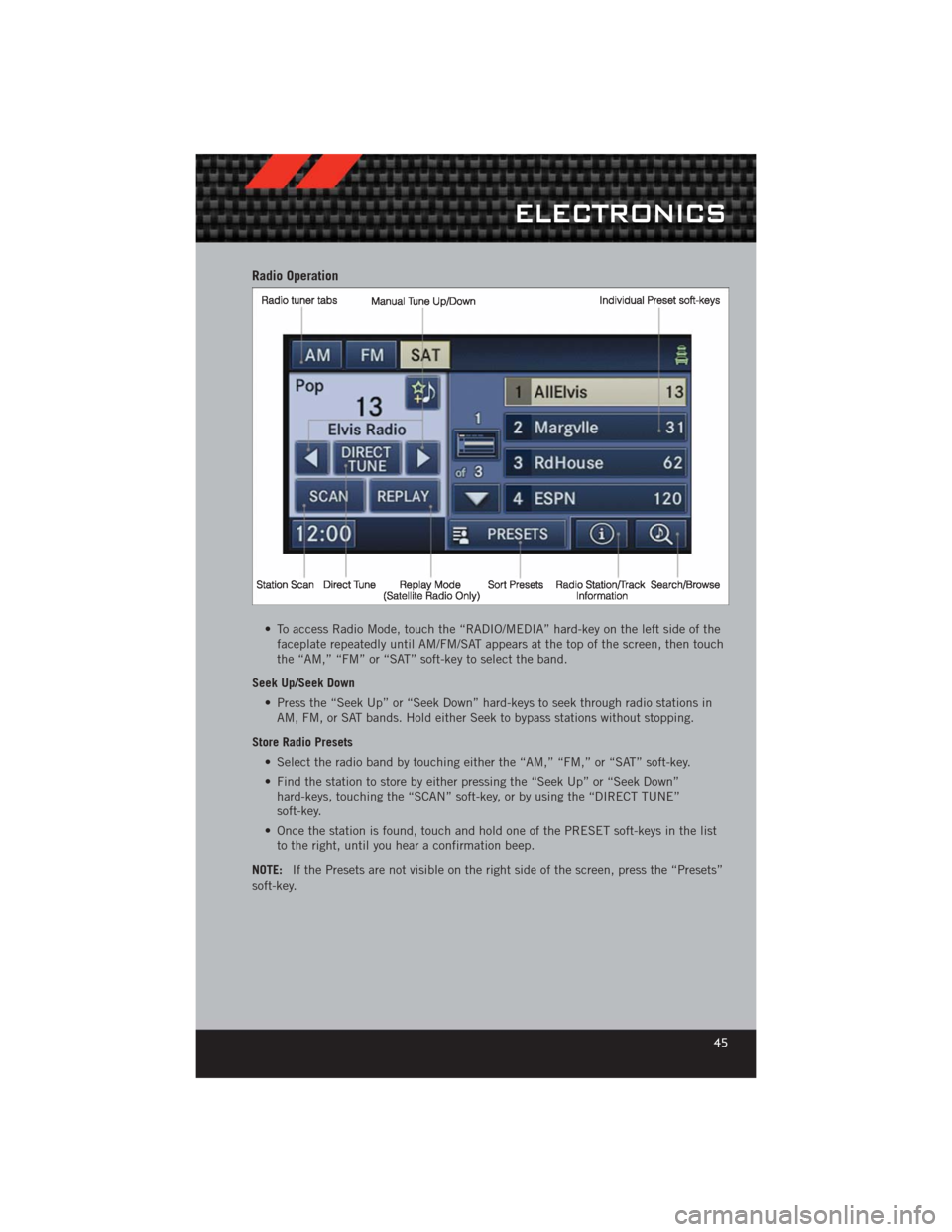 DODGE CHALLENGER 2012 3.G User Guide Radio Operation
• To access Radio Mode, touch the “RADIO/MEDIA” hard-key on the left side of thefaceplate repeatedly until AM/FM/SAT appears at the top of the screen, then touch
the “AM,” DODGE CHALLENGER 2012 3.G User Guide Radio Operation
• To access Radio Mode, touch the “RADIO/MEDIA” hard-key on the left side of thefaceplate repeatedly until AM/FM/SAT appears at the top of the screen, then touch
the “AM,”