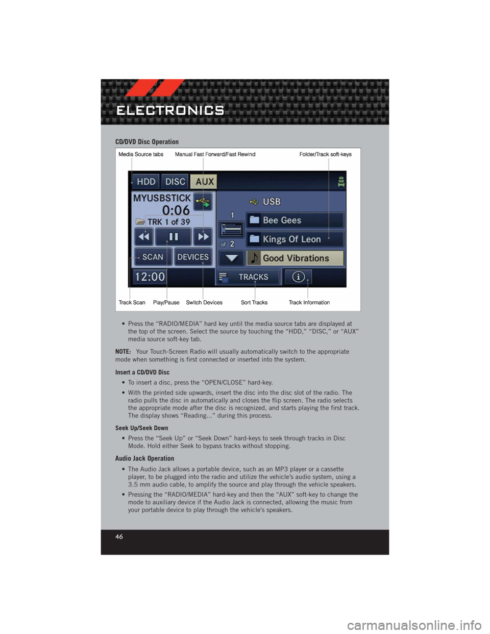 DODGE CHALLENGER 2012 3.G User Guide CD/DVD Disc Operation
• Press the “RADIO/MEDIA” hard key until the media source tabs are displayed atthe top of the screen. Select the source by touching the “HDD,” “DISC,” or “AUX”
DODGE CHALLENGER 2012 3.G User Guide CD/DVD Disc Operation
• Press the “RADIO/MEDIA” hard key until the media source tabs are displayed atthe top of the screen. Select the source by touching the “HDD,” “DISC,” or “AUX”