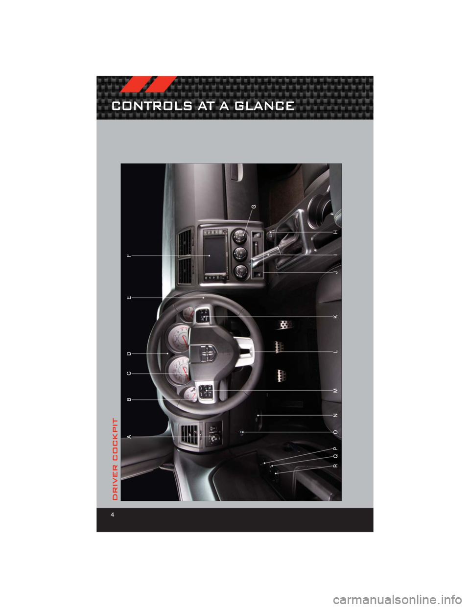 DODGE CHALLENGER 2012 3.G User Guide DRIVER COCKPIT
CONTROLS AT A GLANCE
4 DODGE CHALLENGER 2012 3.G User Guide DRIVER COCKPIT
CONTROLS AT A GLANCE
4