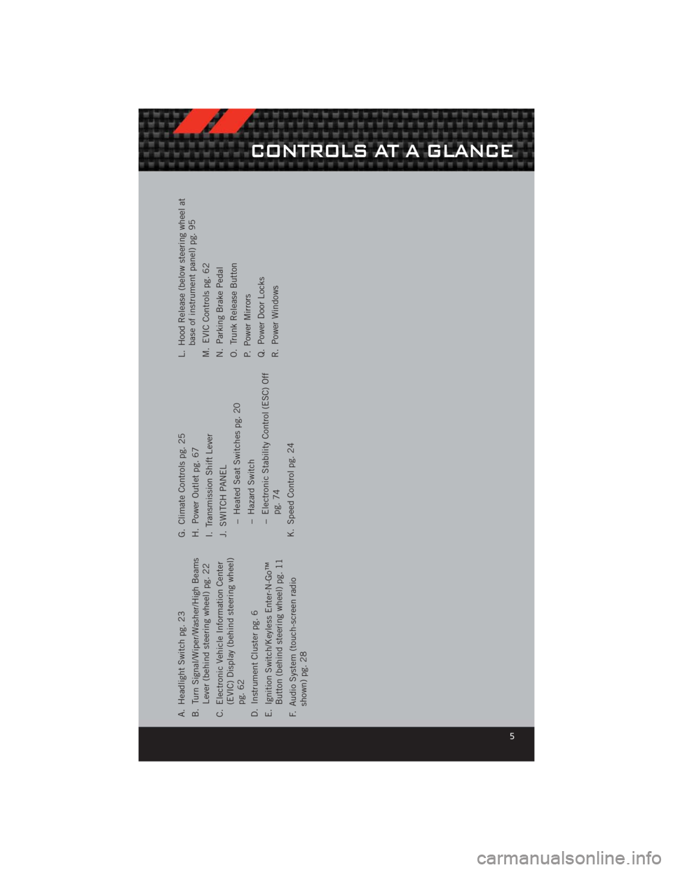 DODGE CHALLENGER 2012 3.G User Guide A. Headlight Switch pg. 23
B. Turn Signal/Wiper/Washer/High BeamsLever (behind steering wheel) pg. 22
C. Electronic Vehicle Information Center (EVIC) Display (behind steering wheel)
pg. 62
D. Instrume DODGE CHALLENGER 2012 3.G User Guide A. Headlight Switch pg. 23
B. Turn Signal/Wiper/Washer/High BeamsLever (behind steering wheel) pg. 22
C. Electronic Vehicle Information Center (EVIC) Display (behind steering wheel)
pg. 62
D. Instrume