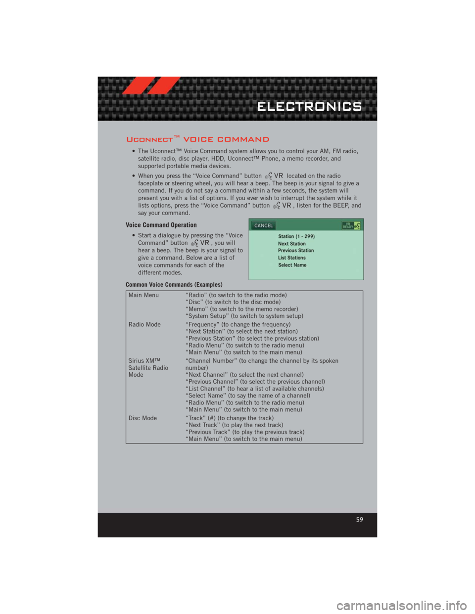 DODGE CHALLENGER 2012 3.G User Guide Uconnect™ VOICE COMMAND
• The Uconnect™ Voice Command system allows you to control your AM, FM radio,satellite radio, disc player, HDD, Uconnect™ Phone, a memo recorder, and
supported portable