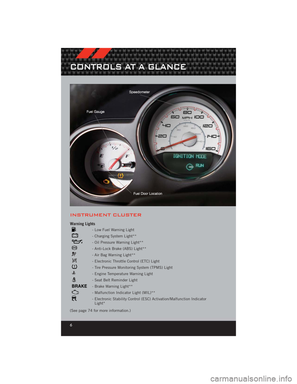 DODGE CHALLENGER 2012 3.G User Guide INSTRUMENT CLUSTER
Warning Lights
- Low Fuel Warning Light
- Charging System Light**
- Oil Pressure Warning Light**
- Anti-Lock Brake (ABS) Light**
- Air Bag Warning Light**
- Electronic Throttle Cont DODGE CHALLENGER 2012 3.G User Guide INSTRUMENT CLUSTER
Warning Lights
- Low Fuel Warning Light
- Charging System Light**
- Oil Pressure Warning Light**
- Anti-Lock Brake (ABS) Light**
- Air Bag Warning Light**
- Electronic Throttle Cont