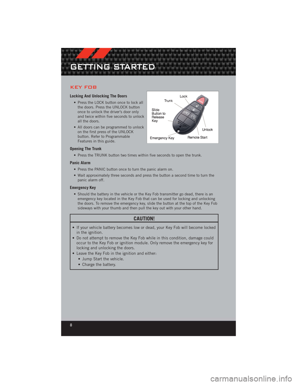 DODGE CHALLENGER 2012 3.G User Guide KEY FOB
Locking And Unlocking The Doors
• Press the LOCK button once to lock allthe doors. Press the UNLOCK button
once to unlock the driver’s door only
and twice within five seconds to unlock
all DODGE CHALLENGER 2012 3.G User Guide KEY FOB
Locking And Unlocking The Doors
• Press the LOCK button once to lock allthe doors. Press the UNLOCK button
once to unlock the driver’s door only
and twice within five seconds to unlock
all