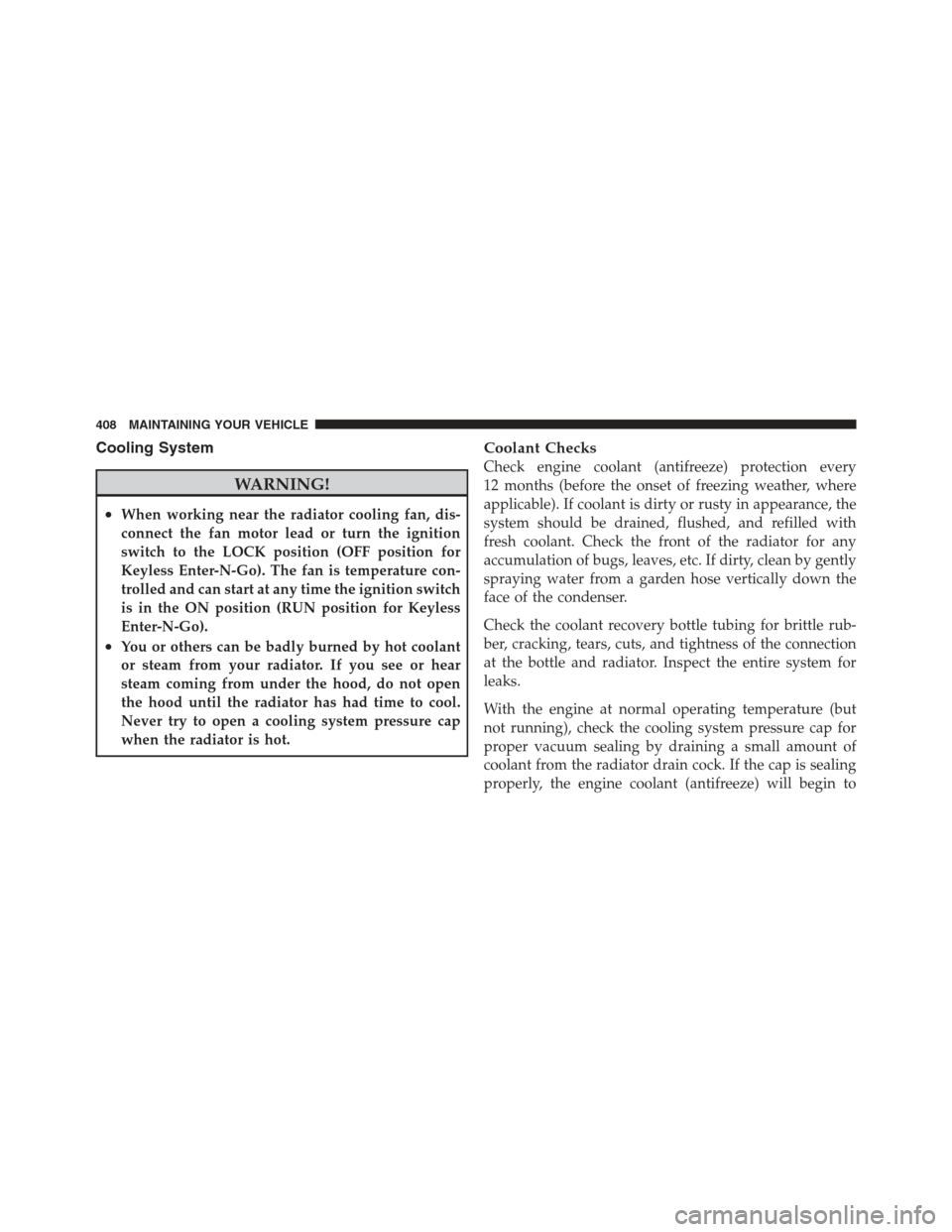 DODGE CHALLENGER 2012 3.G Owners Manual Cooling System
WARNING!
•When working near the radiator cooling fan, dis-
connect the fan motor lead or turn the ignition
switch to the LOCK position (OFF position for
Keyless Enter-N-Go). The fan i