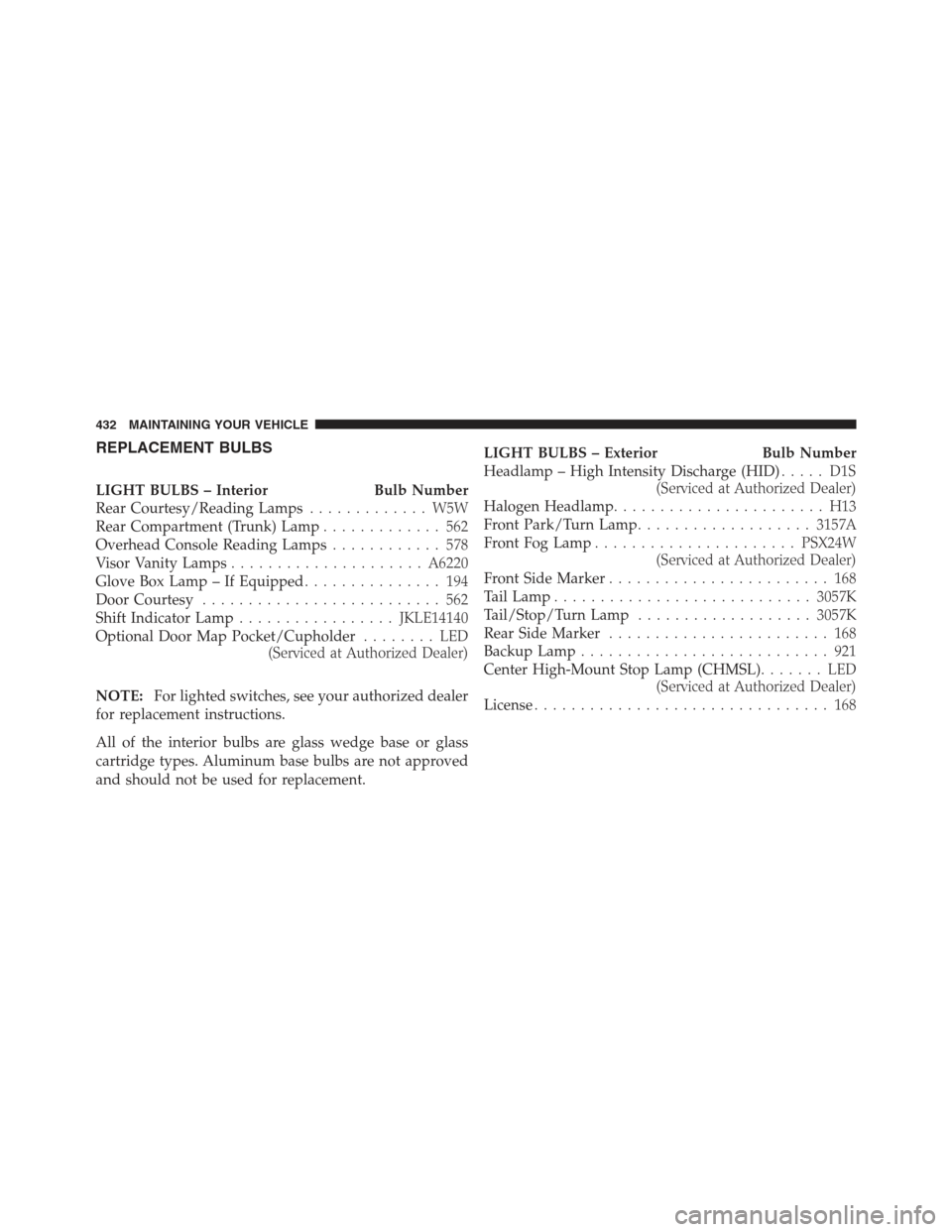 DODGE CHALLENGER 2012 3.G Owners Manual REPLACEMENT BULBS
LIGHT BULBS – InteriorBulb Number
Rear Courtesy/Reading Lamps ............. W5W
Rear Compartment (Trunk) Lamp ............. 562
Overhead Console Reading Lamps ............ 578
Viso