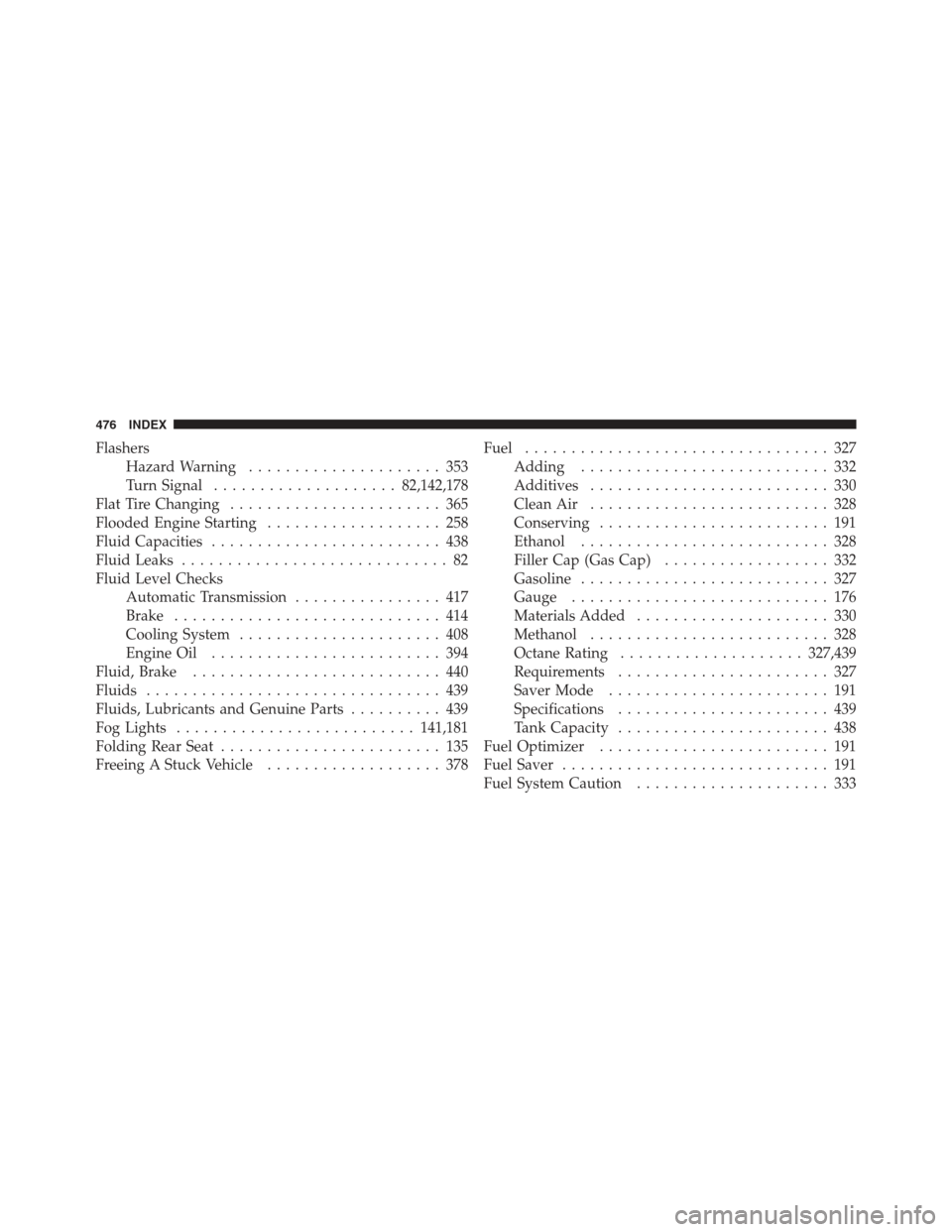 DODGE CHALLENGER 2012 3.G Owners Manual FlashersHazard Warning ..................... 353
Turn Signal .................... 82,142,178
Flat Tire Changing ....................... 365
Flooded Engine Starting ................... 258
Fluid Capaci
