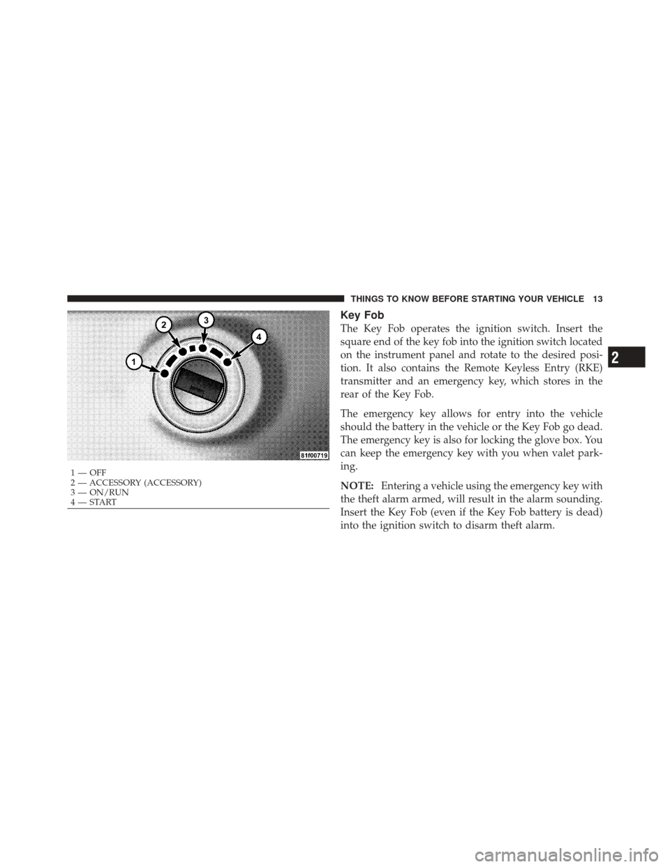 DODGE CHALLENGER SRT 2012 3.G User Guide Key Fob
The Key Fob operates the ignition switch. Insert the
square end of the key fob into the ignition switch located
on the instrument panel and rotate to the desired posi-
tion. It also contains t