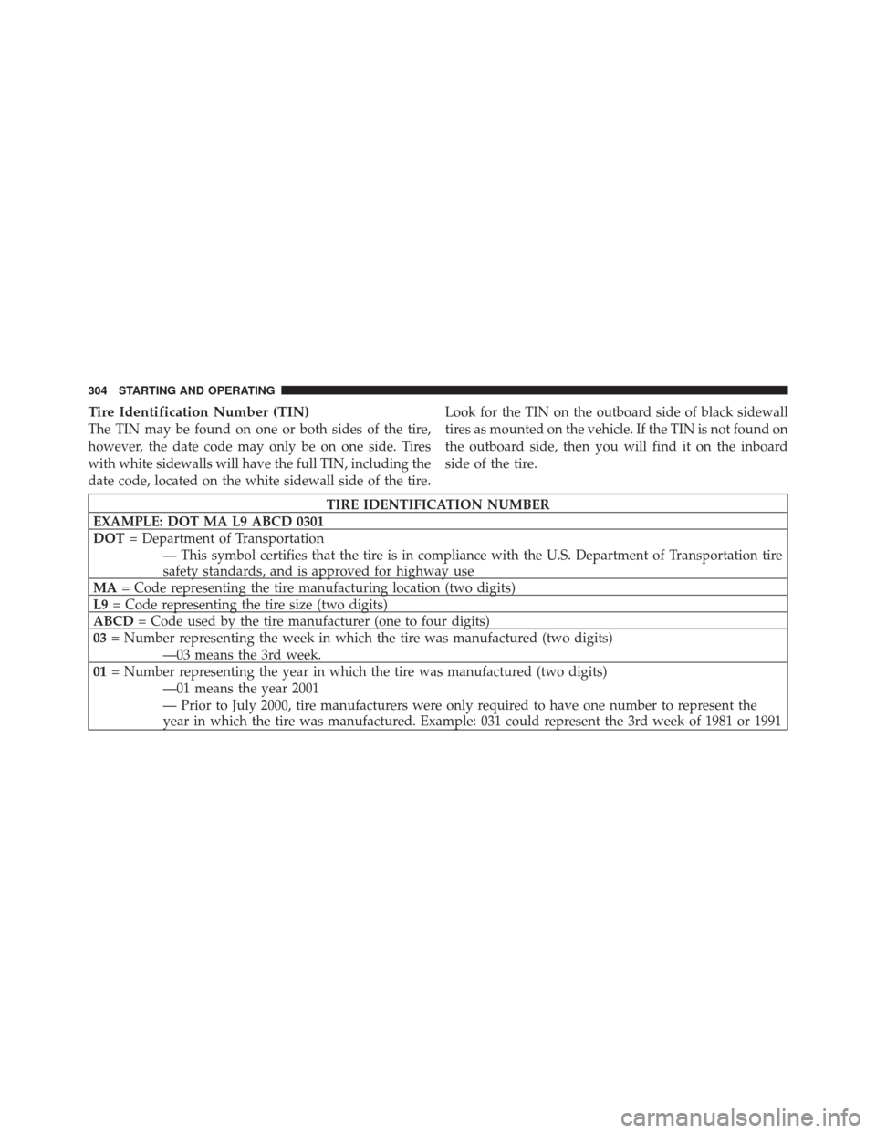 DODGE CHALLENGER SRT 2012 3.G Owners Manual Tire Identification Number (TIN)
The TIN may be found on one or both sides of the tire,
however, the date code may only be on one side. Tires
with white sidewalls will have the full TIN, including the