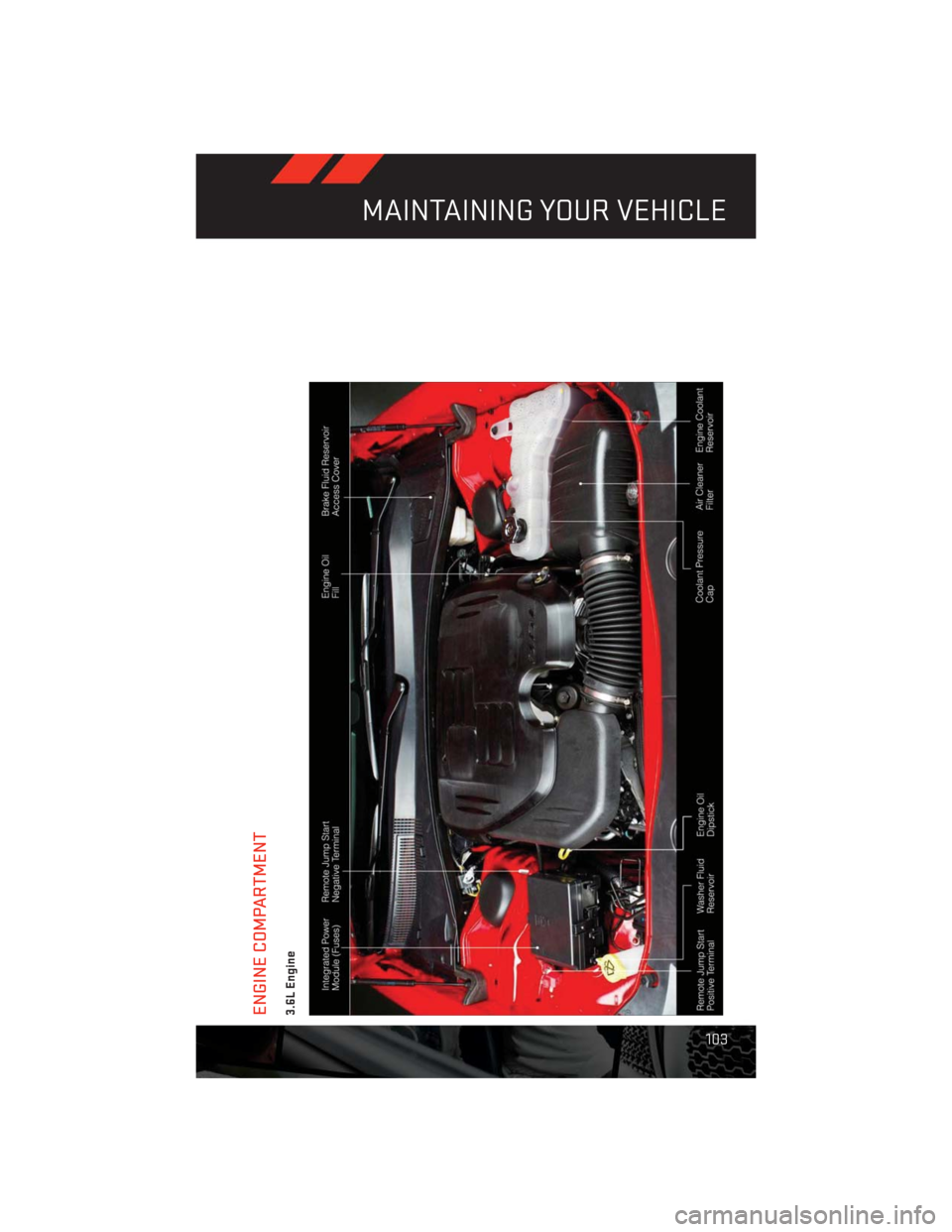 DODGE CHALLENGER 2013 3.G User Guide ENGINE COMPARTMENT3.6L Engine
MAINTAINING YOUR VEHICLE
103 DODGE CHALLENGER 2013 3.G User Guide ENGINE COMPARTMENT3.6L Engine
MAINTAINING YOUR VEHICLE
103