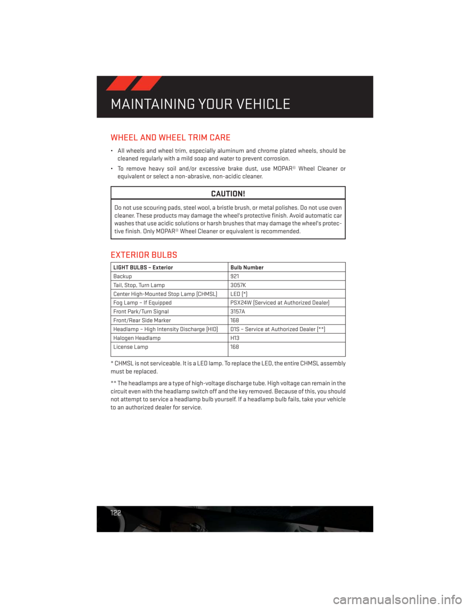 DODGE CHALLENGER 2013 3.G User Guide WHEEL AND WHEEL TRIM CARE
• All wheels and wheel trim, especially aluminum and chrome plated wheels, should be
cleaned regularly with a mild soap and water to prevent corrosion.
• To remove heavy DODGE CHALLENGER 2013 3.G User Guide WHEEL AND WHEEL TRIM CARE
• All wheels and wheel trim, especially aluminum and chrome plated wheels, should be
cleaned regularly with a mild soap and water to prevent corrosion.
• To remove heavy