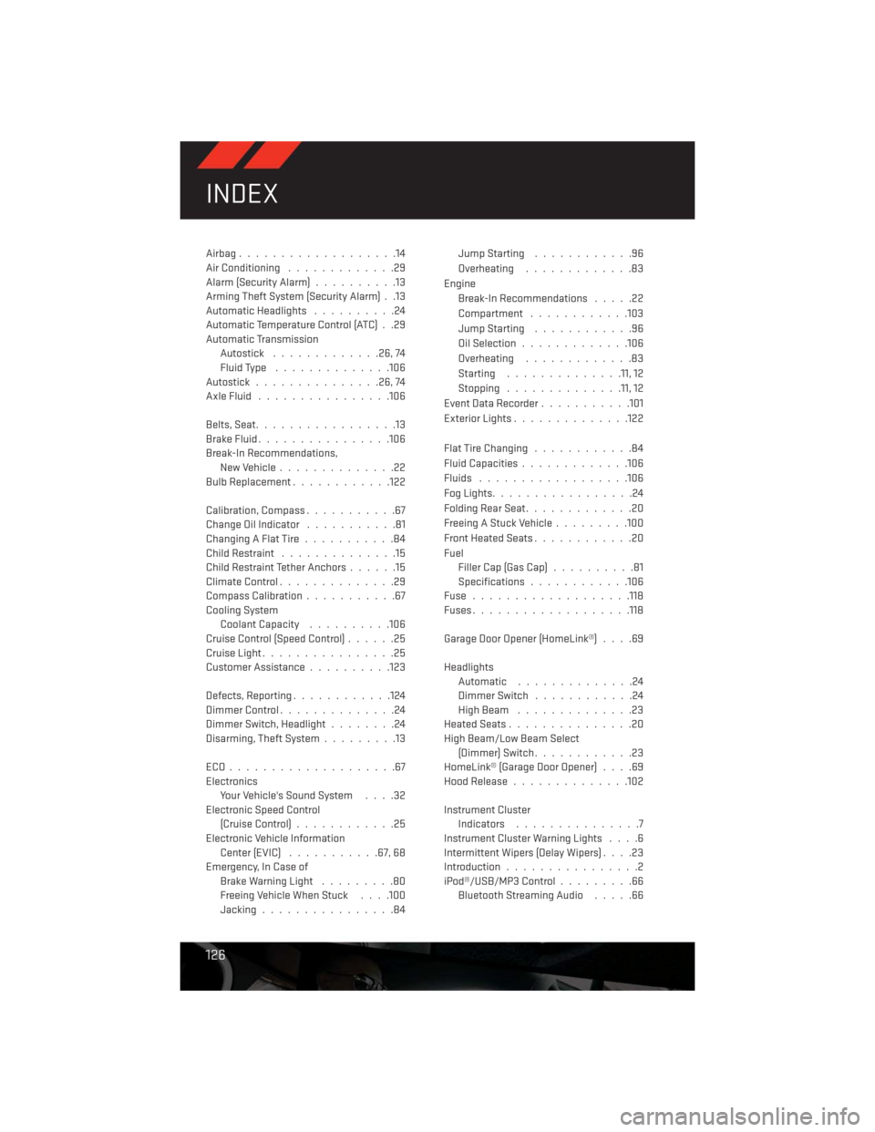 DODGE CHALLENGER 2013 3.G User Guide Airbag...................14
Air Conditioning.............29
Alarm (Security Alarm)..........13
Arming Theft System (Security Alarm) . .13
Automatic Headlights..........24
Automatic Temperature Control DODGE CHALLENGER 2013 3.G User Guide Airbag...................14
Air Conditioning.............29
Alarm (Security Alarm)..........13
Arming Theft System (Security Alarm) . .13
Automatic Headlights..........24
Automatic Temperature Control