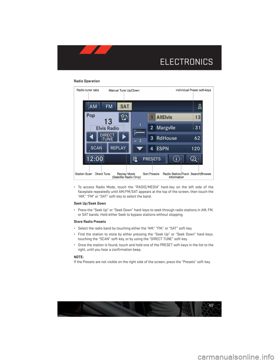 DODGE CHALLENGER 2013 3.G Workshop Manual Radio Operation
• To access Radio Mode, touch the “RADIO/MEDIA” hard-key on the left side of the
faceplate repeatedly until AM/FM/SAT appears at the top of the screen, then touch the
“AM,” DODGE CHALLENGER 2013 3.G Workshop Manual Radio Operation
• To access Radio Mode, touch the “RADIO/MEDIA” hard-key on the left side of the
faceplate repeatedly until AM/FM/SAT appears at the top of the screen, then touch the
“AM,”