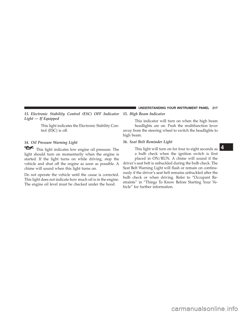 DODGE CHALLENGER 2013 3.G Owners Manual 13. Electronic Stability Control (ESC) OFF Indicator
Light — If EquippedThis light indicates the Electronic Stability Con-
trol (ESC) is off.
14. Oil Pressure Warning Light This light indicates low 