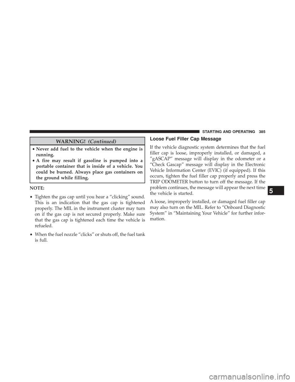 DODGE CHALLENGER 2013 3.G Owners Manual WARNING!(Continued)
•Never add fuel to the vehicle when the engine is
running.
• A fire may result if gasoline is pumped into a
portable container that is inside of a vehicle. You
could be burned.