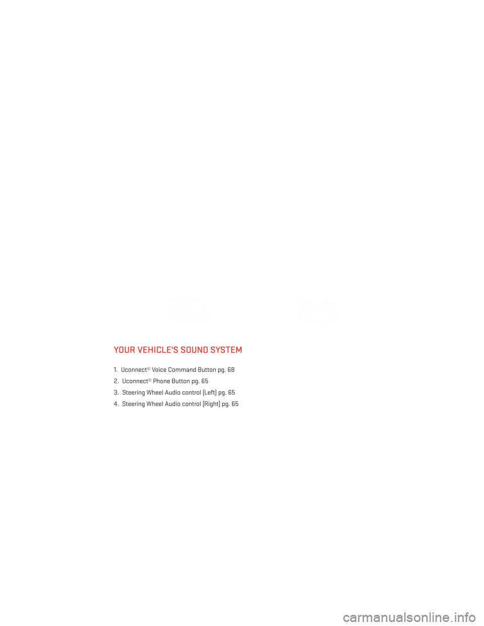 DODGE CHALLENGER 2014 3.G User Guide YOUR VEHICLES SOUND SYSTEM
1. Uconnect® Voice Command Button pg. 68
2. Uconnect® Phone Button pg. 65
3. Steering Wheel Audio control (Left) pg. 65
4. Steering Wheel Audio control (Right) pg. 65
ELE
