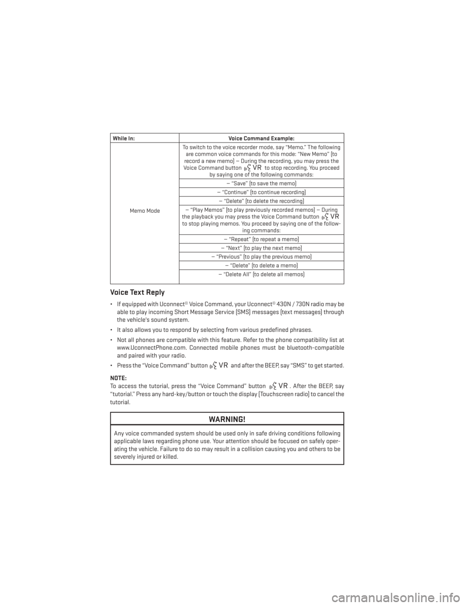 DODGE CHALLENGER 2014 3.G User Guide While In:Voice Command Example:
Memo Mode To switch to the voice recorder mode, say “Memo.” The following
are common voice commands for this mode: “New Memo” (to
record a new memo) — During 