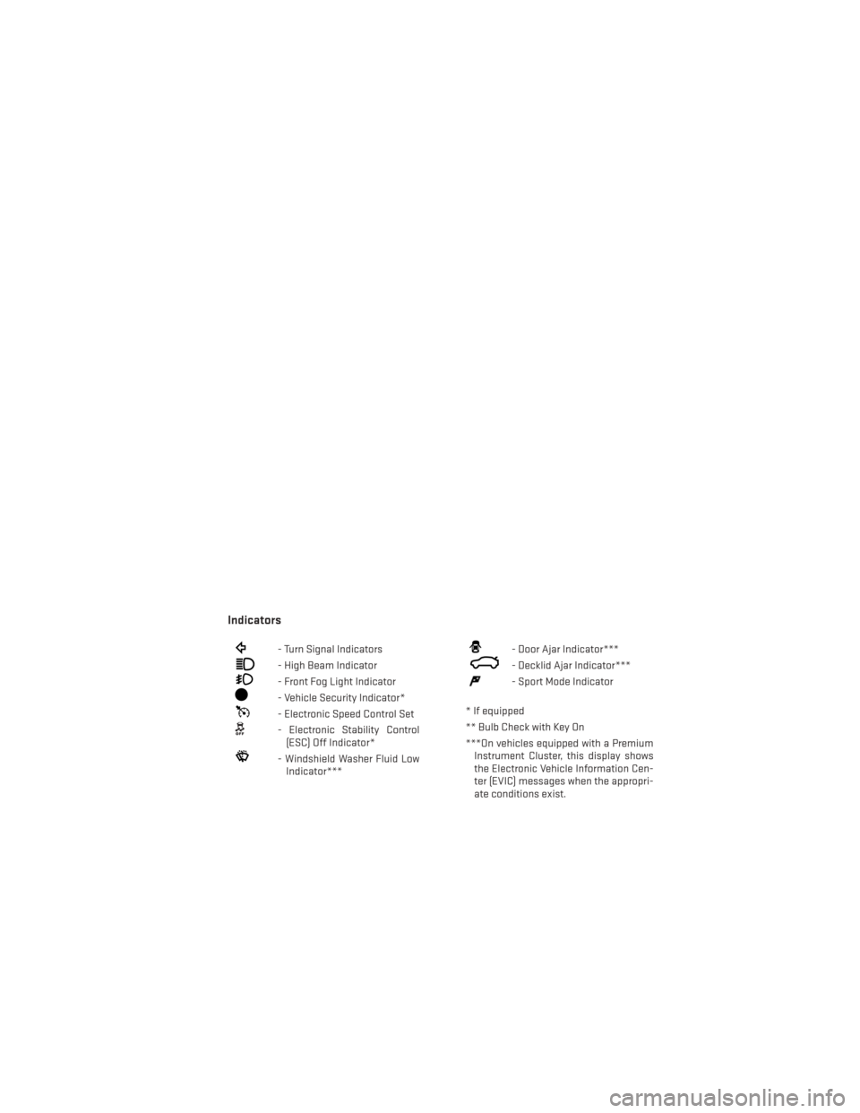 DODGE CHALLENGER 2014 3.G User Guide Indicators
- Turn Signal Indicators
- High Beam Indicator
- Front Fog Light Indicator
- Vehicle Security Indicator*
- Electronic Speed Control Set
- Electronic Stability Control(ESC) Off Indicator*
- 