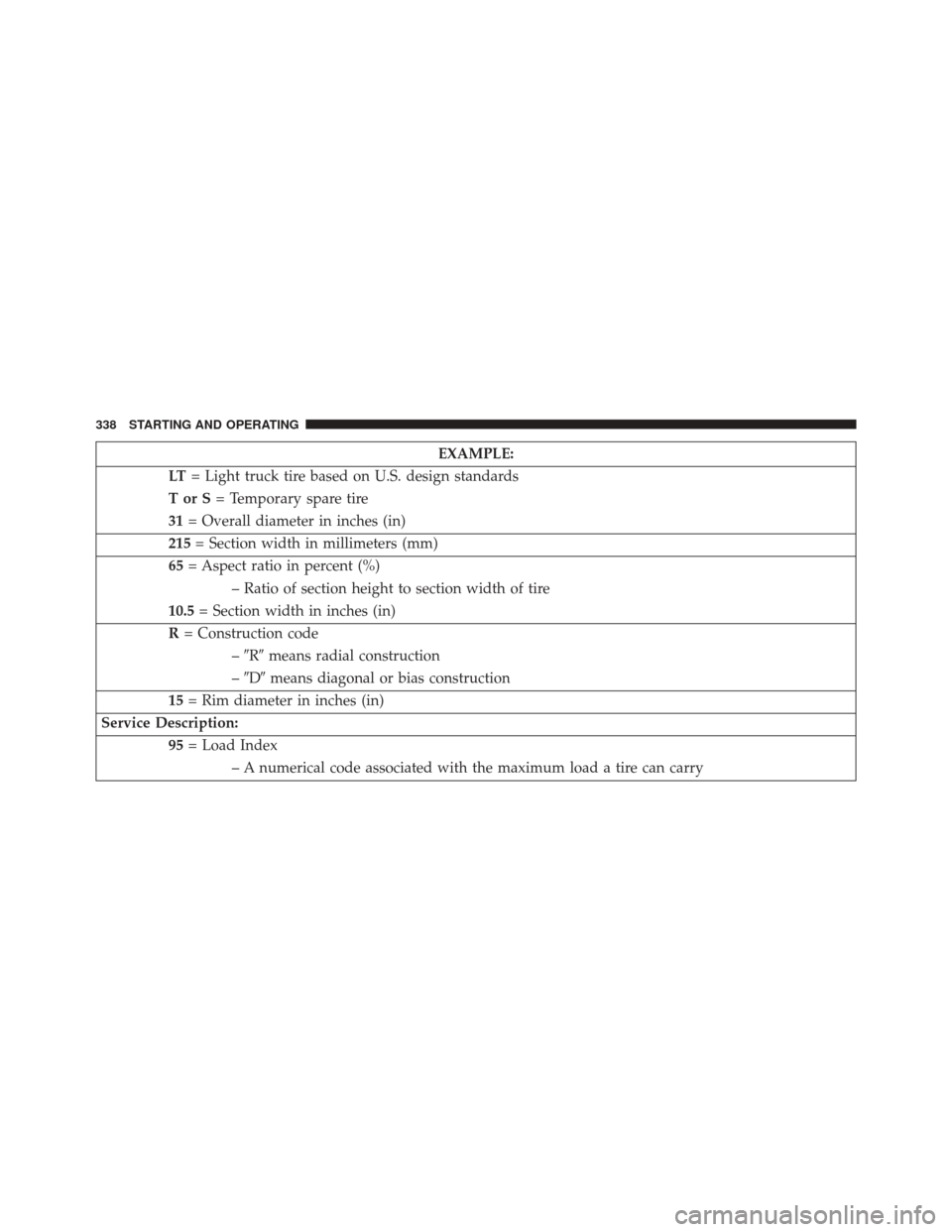 DODGE CHALLENGER 2014 3.G Owners Manual EXAMPLE:
LT = Light truck tire based on U.S. design standards
TorS= Temporary spare tire
31 = Overall diameter in inches (in)
215 = Section width in millimeters (mm)
65 = Aspect ratio in percent (%)
