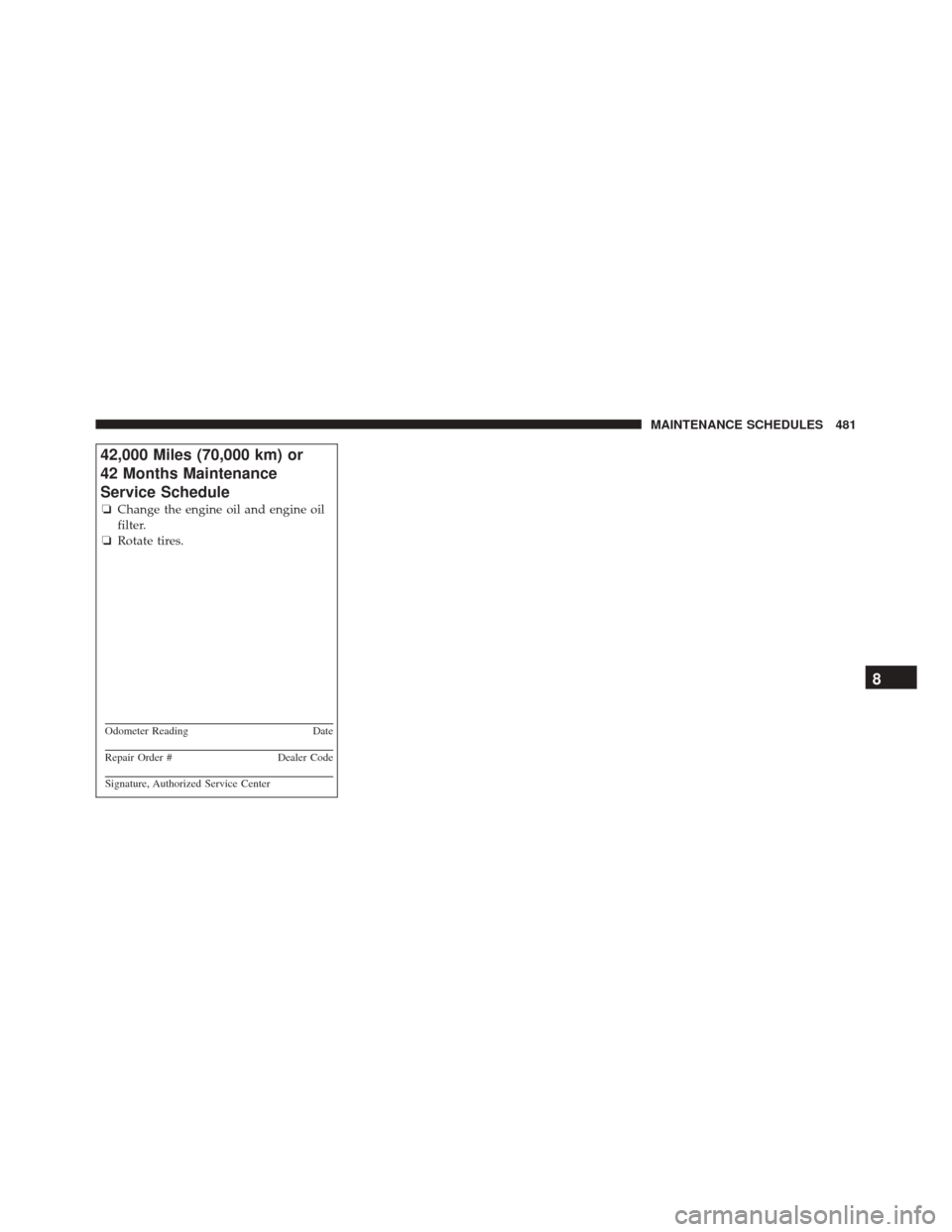DODGE CHALLENGER SRT 2014 3.G User Guide 42,000 Miles (70,000 km) or
42 Months Maintenance
Service Schedule
❏Change the engine oil and engine oil
filter.
❏ Rotate tires.
Odometer Reading Date
Repair Order #Dealer Code
Signature, Authoriz