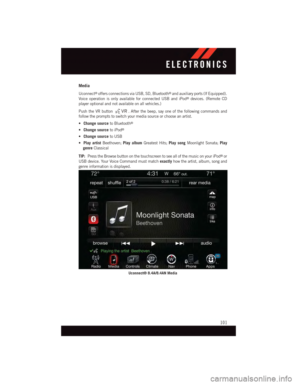 DODGE CHALLENGER 2015 3.G User Guide Media
Uconnect®offers connections via USB, SD, Bluetooth®and auxiliary ports (If Equipped).
Voice operation is only available for connected USB and iPod®devices. (Remote CD
player optional and not 