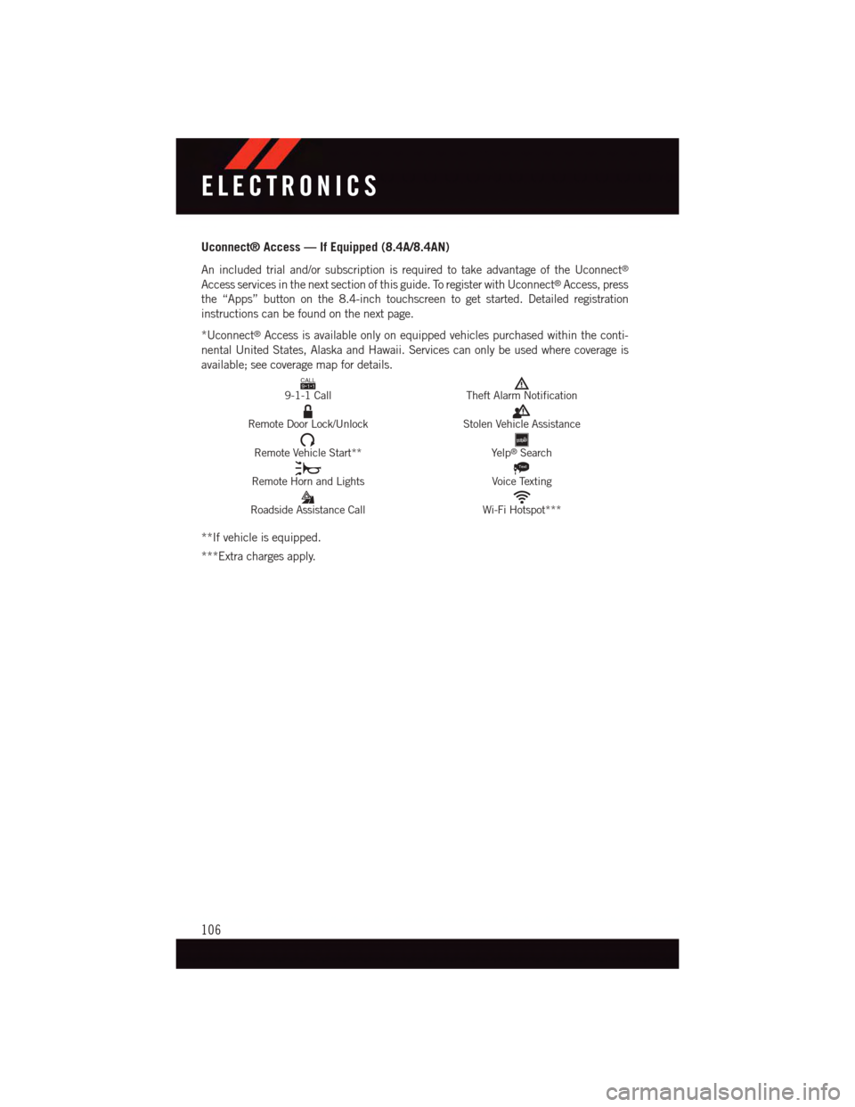 DODGE CHALLENGER 2015 3.G Owners Manual Uconnect® Access — If Equipped (8.4A/8.4AN)
An included trial and/or subscription is required to take advantage of the Uconnect®
Access services in the next section of this guide. To register with DODGE CHALLENGER 2015 3.G Owners Manual Uconnect® Access — If Equipped (8.4A/8.4AN)
An included trial and/or subscription is required to take advantage of the Uconnect®
Access services in the next section of this guide. To register with