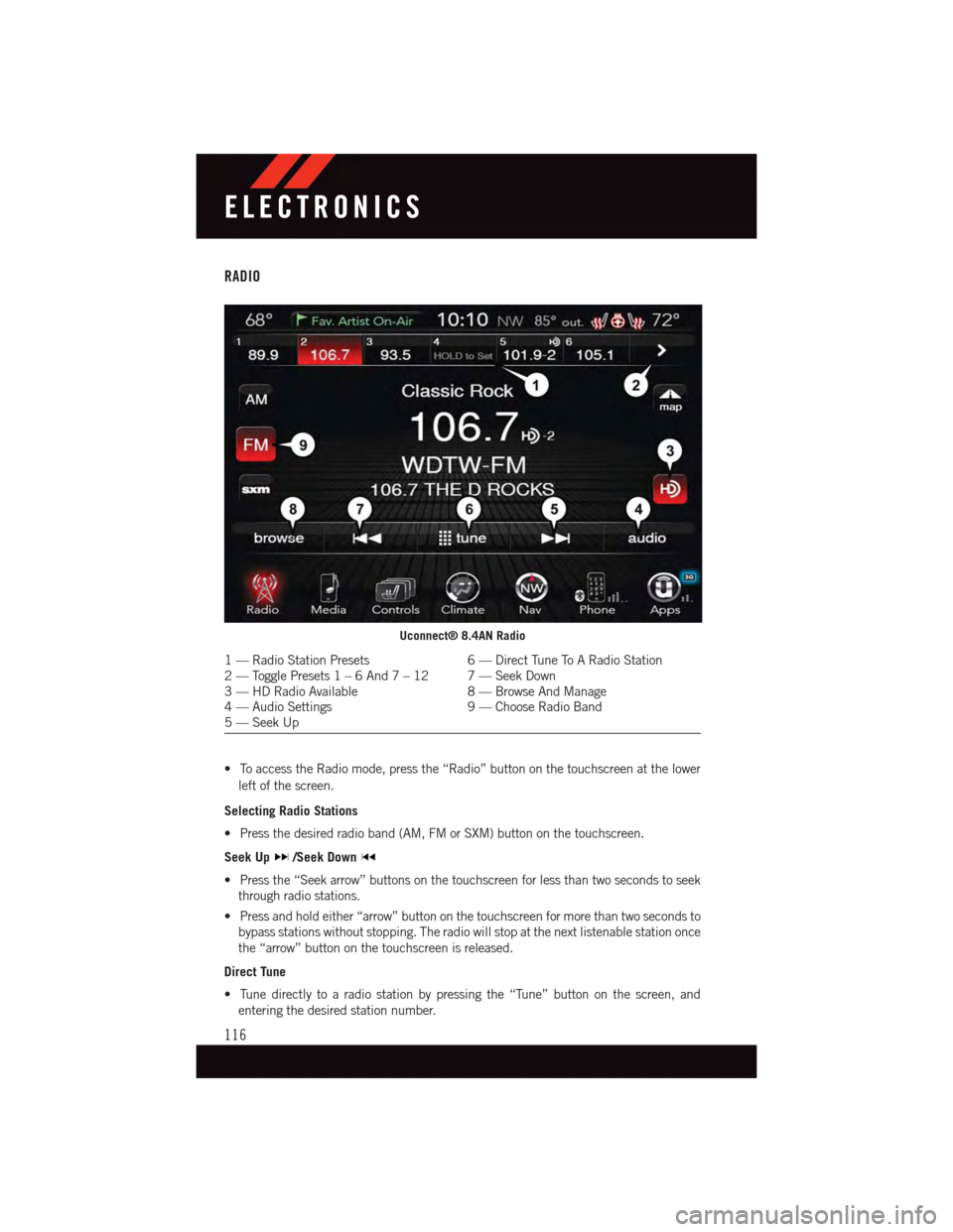 DODGE CHALLENGER 2015 3.G Owners Manual RADIO
•ToaccesstheRadiomode,pressthe“Radio”buttononthetouchscreenatthelower
left of the screen.
Selecting Radio Stations
•Pressthedesiredradioband(AM,FMorSXM)buttononthetouchscreen.
Seek Up/Se DODGE CHALLENGER 2015 3.G Owners Manual RADIO
•ToaccesstheRadiomode,pressthe“Radio”buttononthetouchscreenatthelower
left of the screen.
Selecting Radio Stations
•Pressthedesiredradioband(AM,FMorSXM)buttononthetouchscreen.
Seek Up/Se