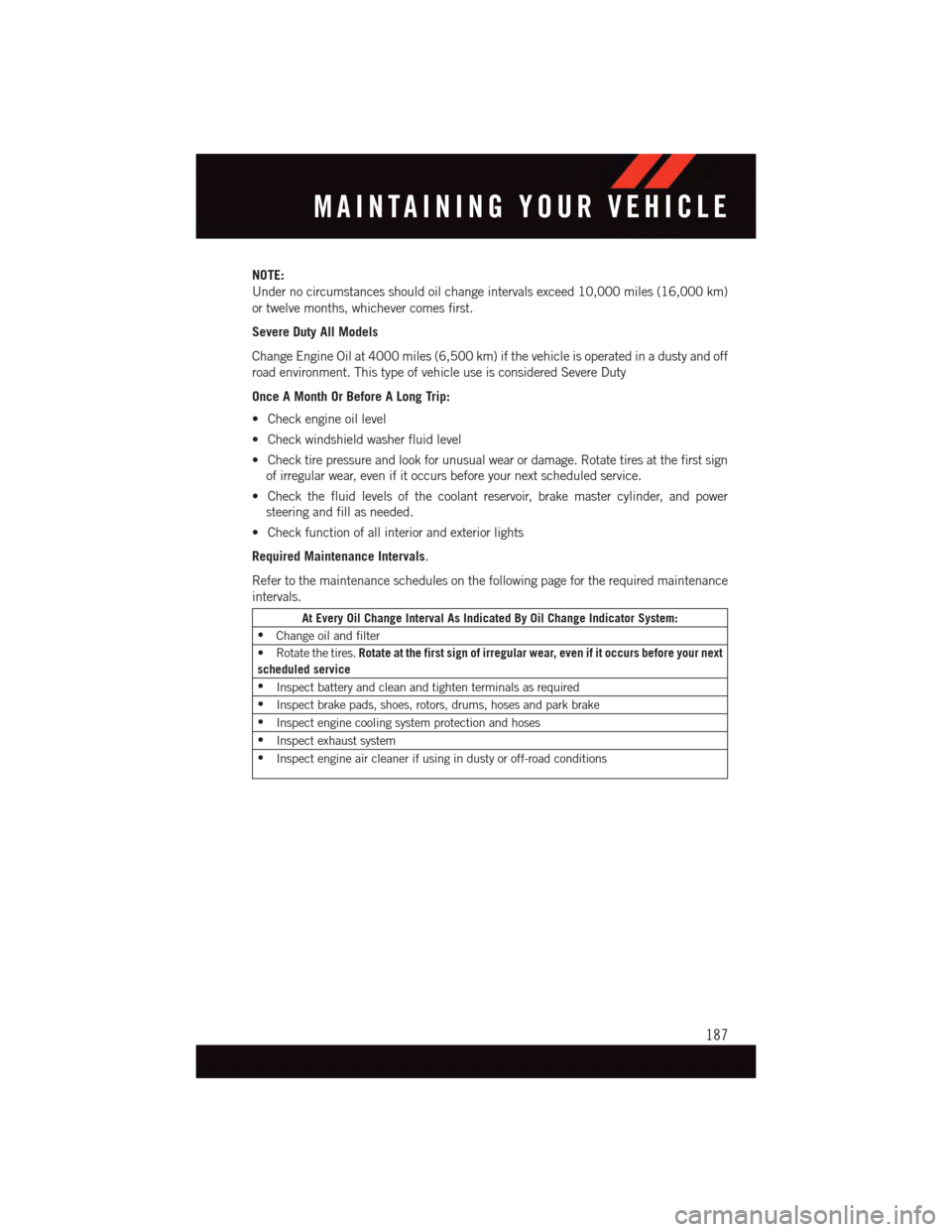 DODGE CHALLENGER 2015 3.G Owners Manual NOTE:
Under no circumstances should oil change intervals exceed 10,000 miles (16,000 km)
or twelve months, whichever comes first.
Severe Duty All Models
Change Engine Oil at 4000 miles (6,500 km) if t DODGE CHALLENGER 2015 3.G Owners Manual NOTE:
Under no circumstances should oil change intervals exceed 10,000 miles (16,000 km)
or twelve months, whichever comes first.
Severe Duty All Models
Change Engine Oil at 4000 miles (6,500 km) if t