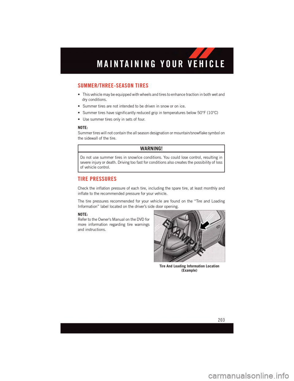 DODGE CHALLENGER 2015 3.G User Guide SUMMER/THREE-SEASON TIRES
•Thisvehiclemaybeequippedwithwheelsandtirestoenhancetractioninbothwetand
dry conditions.
•Summertiresarenotintendedtobedriveninsnoworonice.
•Summertireshavesignificantl DODGE CHALLENGER 2015 3.G User Guide SUMMER/THREE-SEASON TIRES
•Thisvehiclemaybeequippedwithwheelsandtirestoenhancetractioninbothwetand
dry conditions.
•Summertiresarenotintendedtobedriveninsnoworonice.
•Summertireshavesignificantl