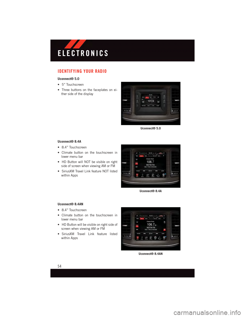 DODGE CHALLENGER 2015 3.G Workshop Manual IDENTIFYING YOUR RADIO
Uconnect® 5.0
•5”Touchscreen
•Threebuttonsonthefaceplatesonei-
ther side of the display
Uconnect® 8.4A
•8.4”Touchscreen
•Climatebuttononthetouchscreenin
lower menu DODGE CHALLENGER 2015 3.G Workshop Manual IDENTIFYING YOUR RADIO
Uconnect® 5.0
•5”Touchscreen
•Threebuttonsonthefaceplatesonei-
ther side of the display
Uconnect® 8.4A
•8.4”Touchscreen
•Climatebuttononthetouchscreenin
lower menu