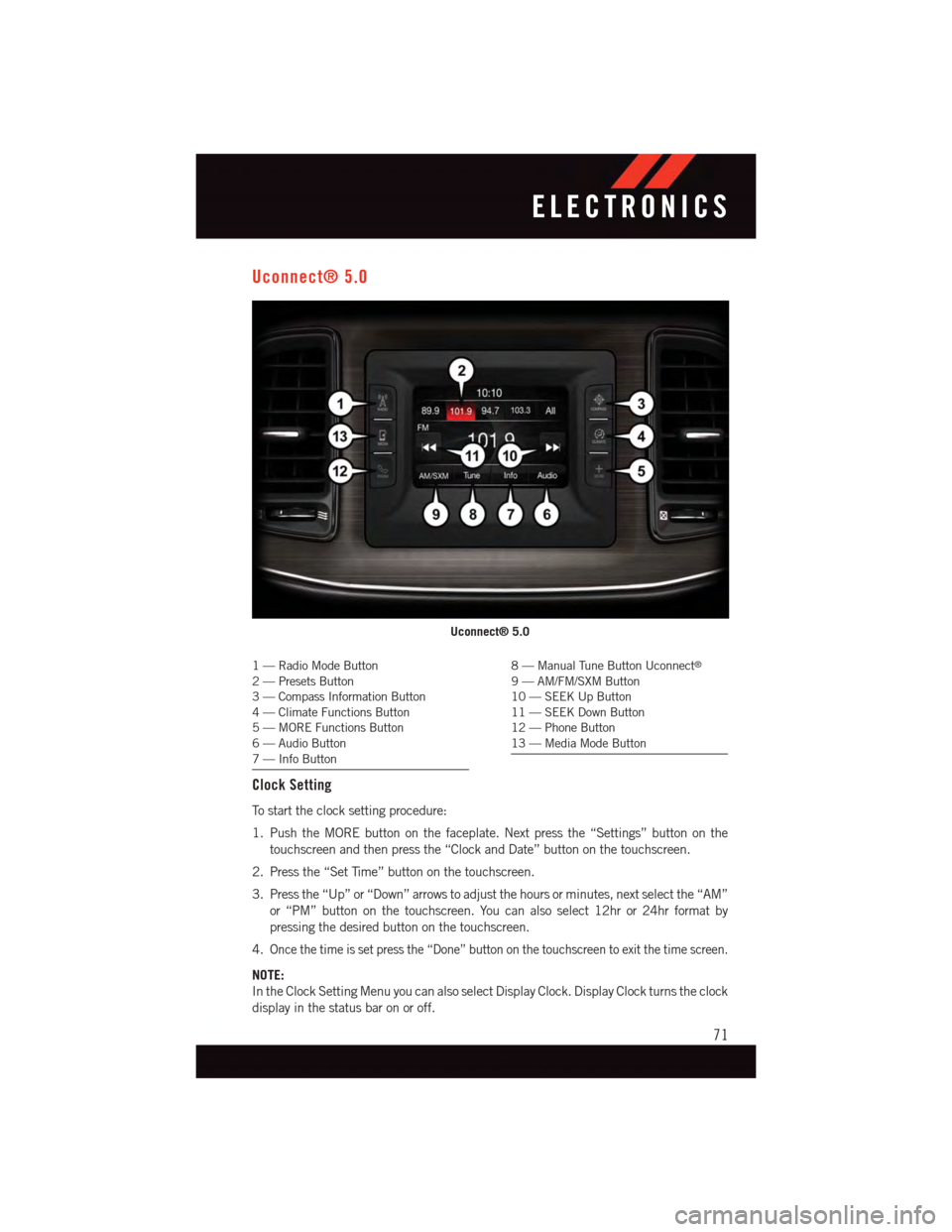 DODGE CHALLENGER 2015 3.G User Guide Uconnect® 5.0
1—RadioModeButton2—PresetsButton3—CompassInformationButton4—ClimateFunctionsButton5—MOREFunctionsButton6—AudioButton7—InfoButton
8—ManualTuneButtonUconnect®
9—AM/FM/S DODGE CHALLENGER 2015 3.G User Guide Uconnect® 5.0
1—RadioModeButton2—PresetsButton3—CompassInformationButton4—ClimateFunctionsButton5—MOREFunctionsButton6—AudioButton7—InfoButton
8—ManualTuneButtonUconnect®
9—AM/FM/S